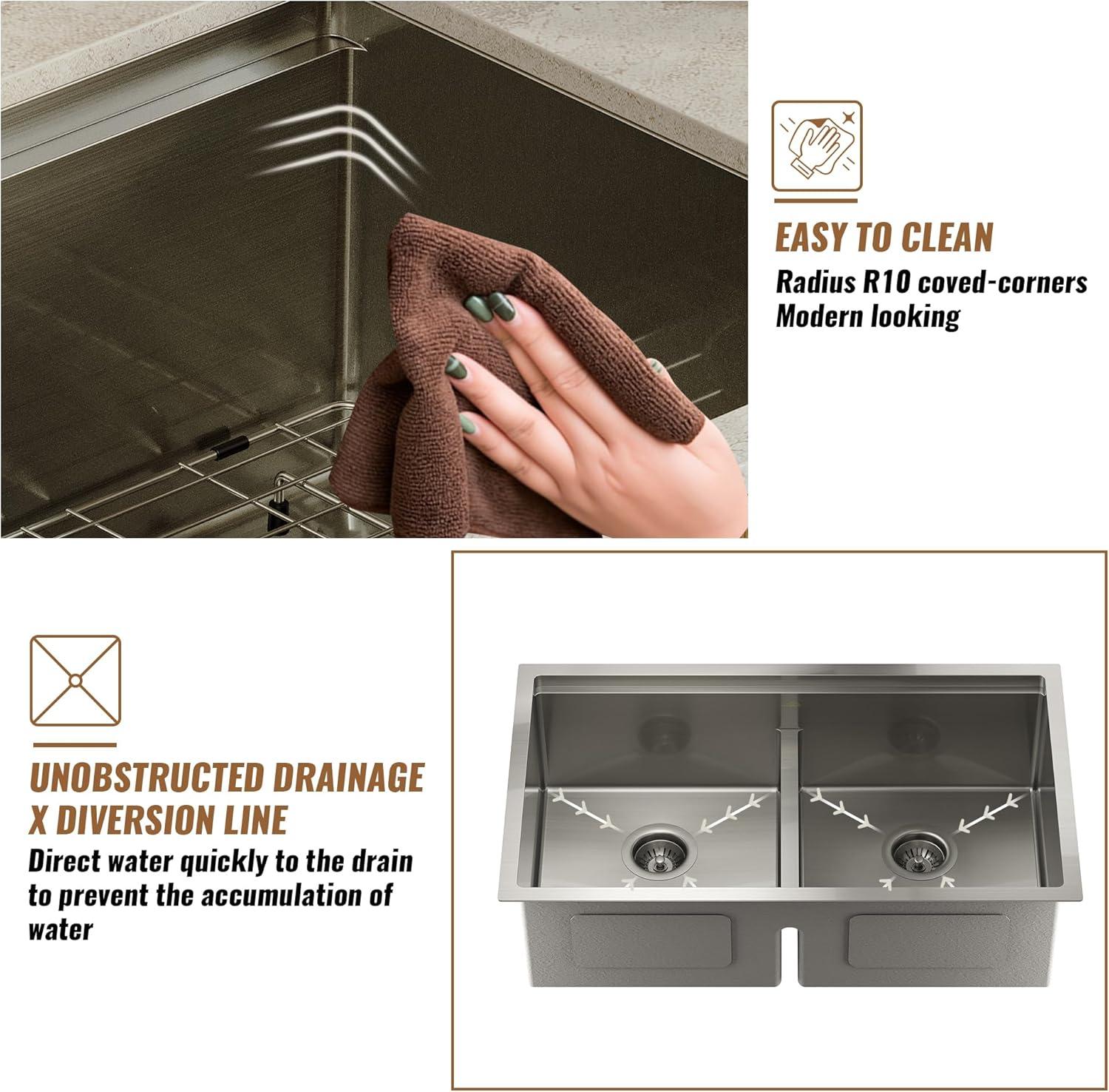 CASAINC Undermount Kitchen Sink Workstation - 33x19x10 Double Bowl Kitchen Sink,16 Gauge Multifunctional Step Kitchen Sinks Set, Nano Material Stainless Steel Sink with Accessories(Pack of 5)