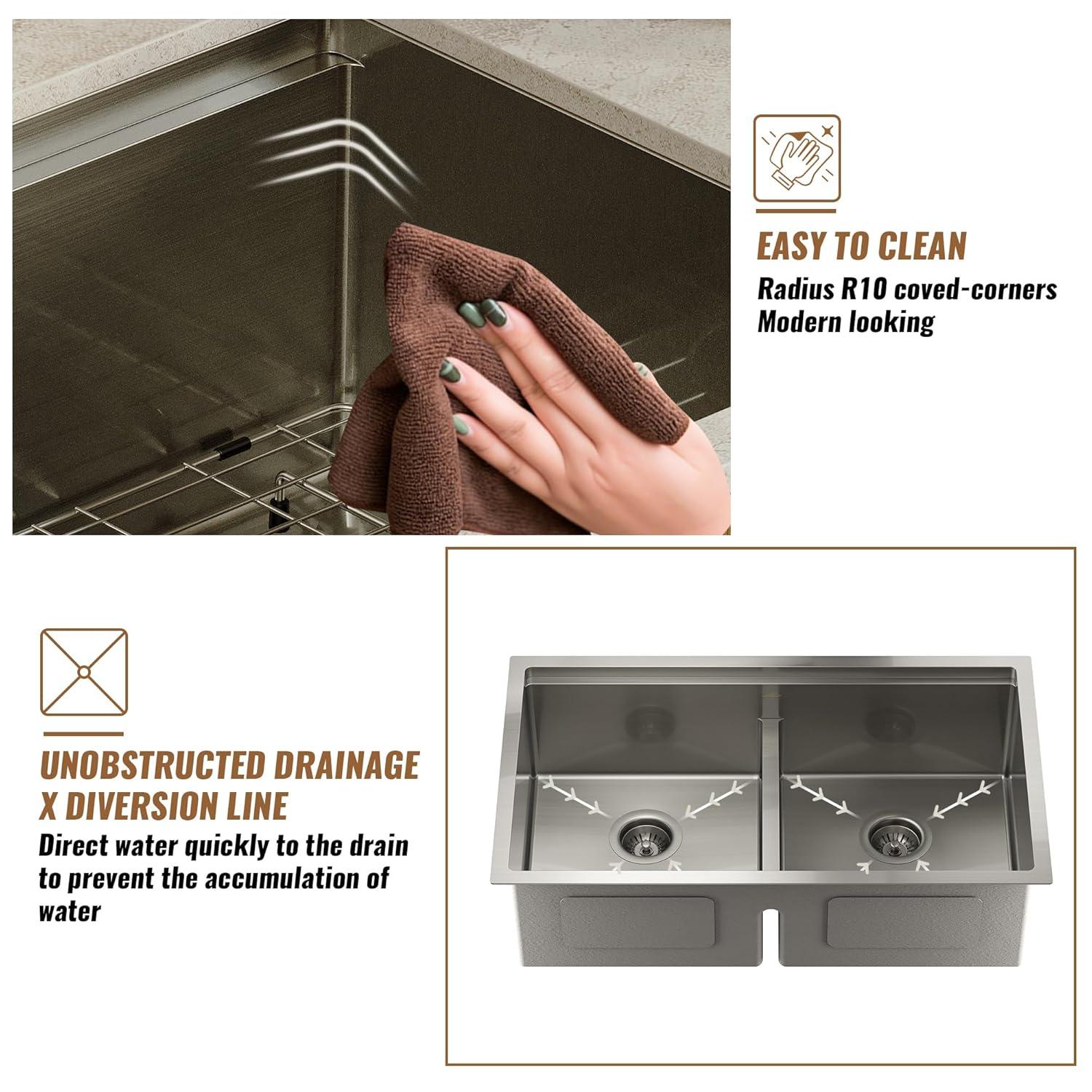 CASAINC Undermount Kitchen Sink Workstation - 33x19x10 Double Bowl Kitchen Sink,16 Gauge Multifunctional Step Kitchen Sinks Set, Nano Material Stainless Steel Sink with Accessories(Pack of 5)