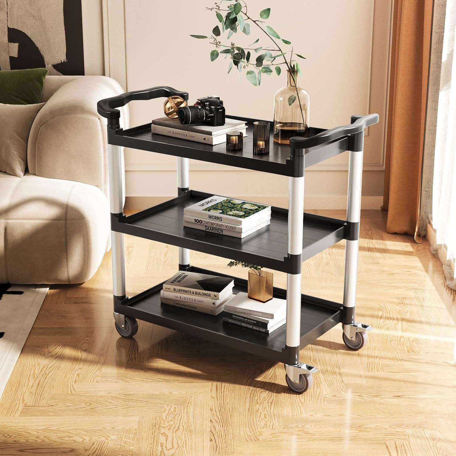 VEVOR Utility Cart, 300 lbs Load Capacity, 3-Tier Utility Plastic Cart with 360° Swivel Wheels (2 with Brakes), 24.4 x 16.1-inch Food Service Cart for Warehouse, Office, Home, Restaurant, Kitchen