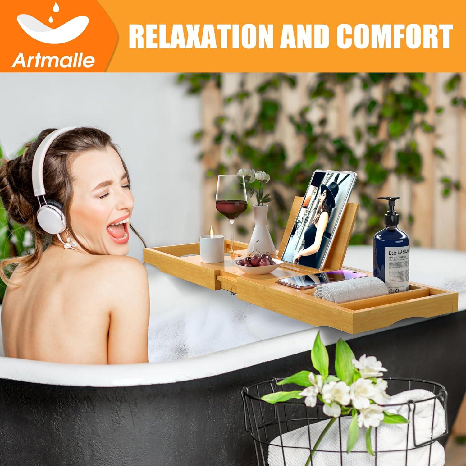 Premium Bathtub Caddy Tray,Expandable Bamboo Bath Tray for Tub,Foldable Minimalist Bathroom Accessories with Book Stand for Home Spa Relaxing,Unique House Warming Gifts,Natural