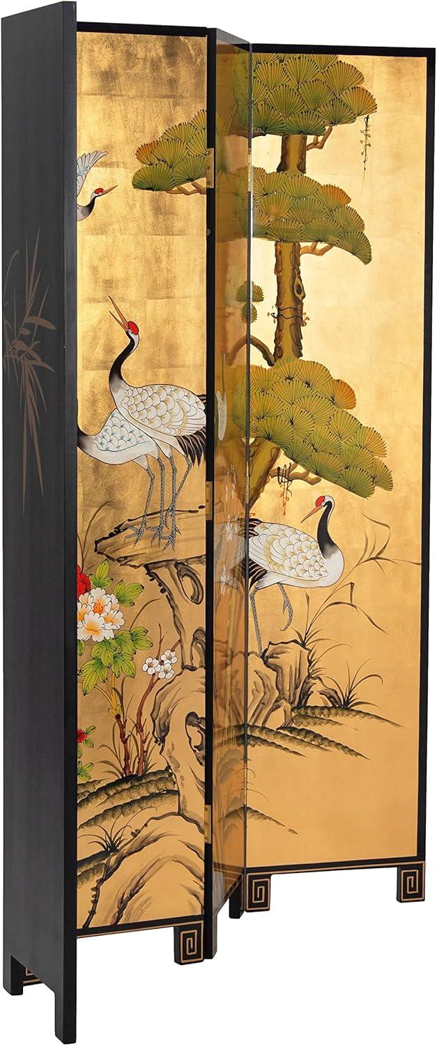 Oriental Furniture 6 ft. Tall Gold Lacquer Room Divider - Cranes