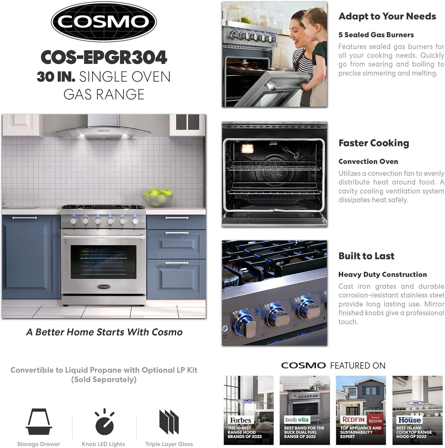 Cosmo 30 in. Haven Collection 4.5 cu. ft. Gas Range with 5 Sealed Burners, Convection Oven, Knob LED Lights, Stainless Steel