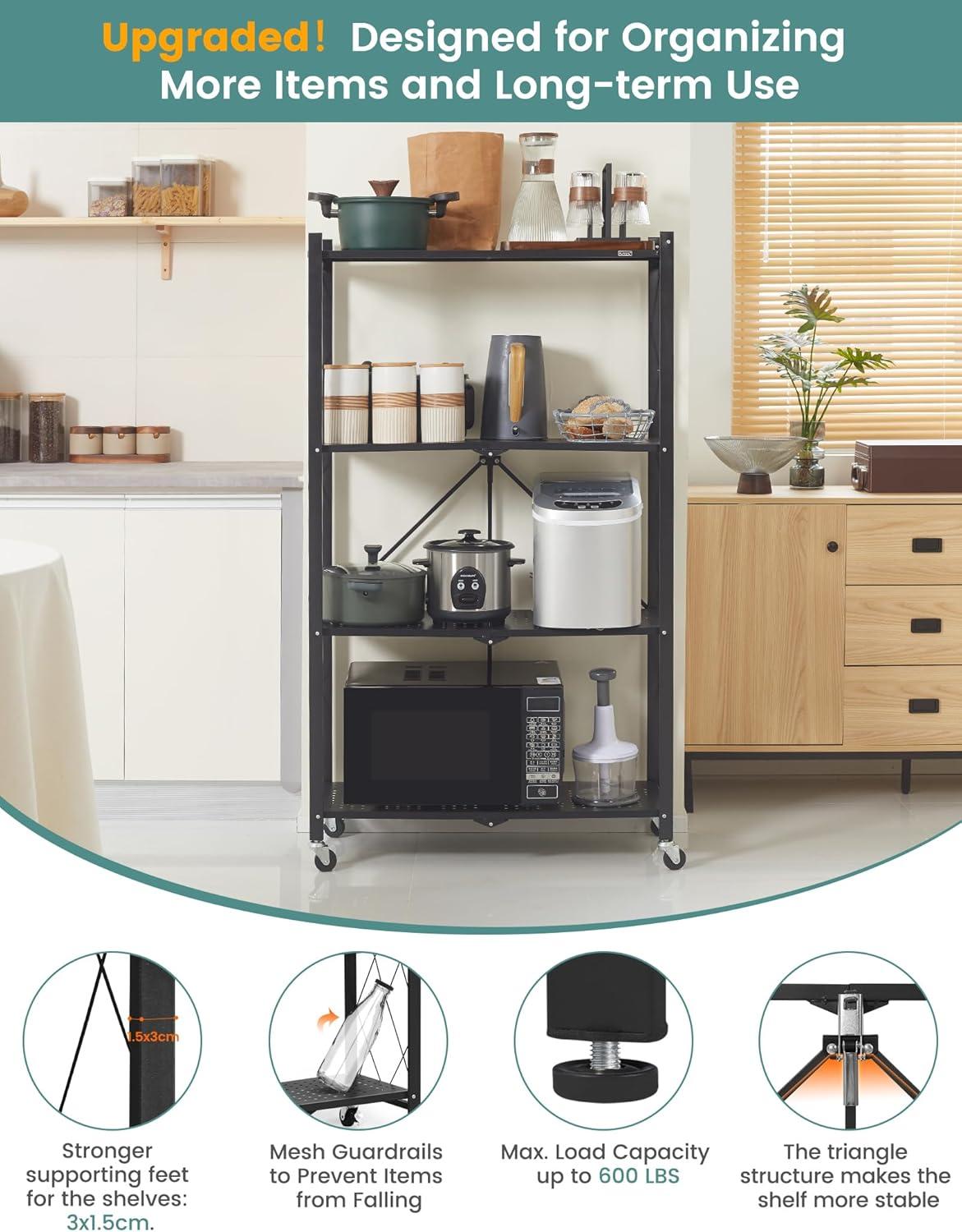 3-Tier Storage Shelves with Wheels, Folding Bookshelf No Assembly, Metal Display Shelf for Balcony, Kitchen, Basement, Pantry, White