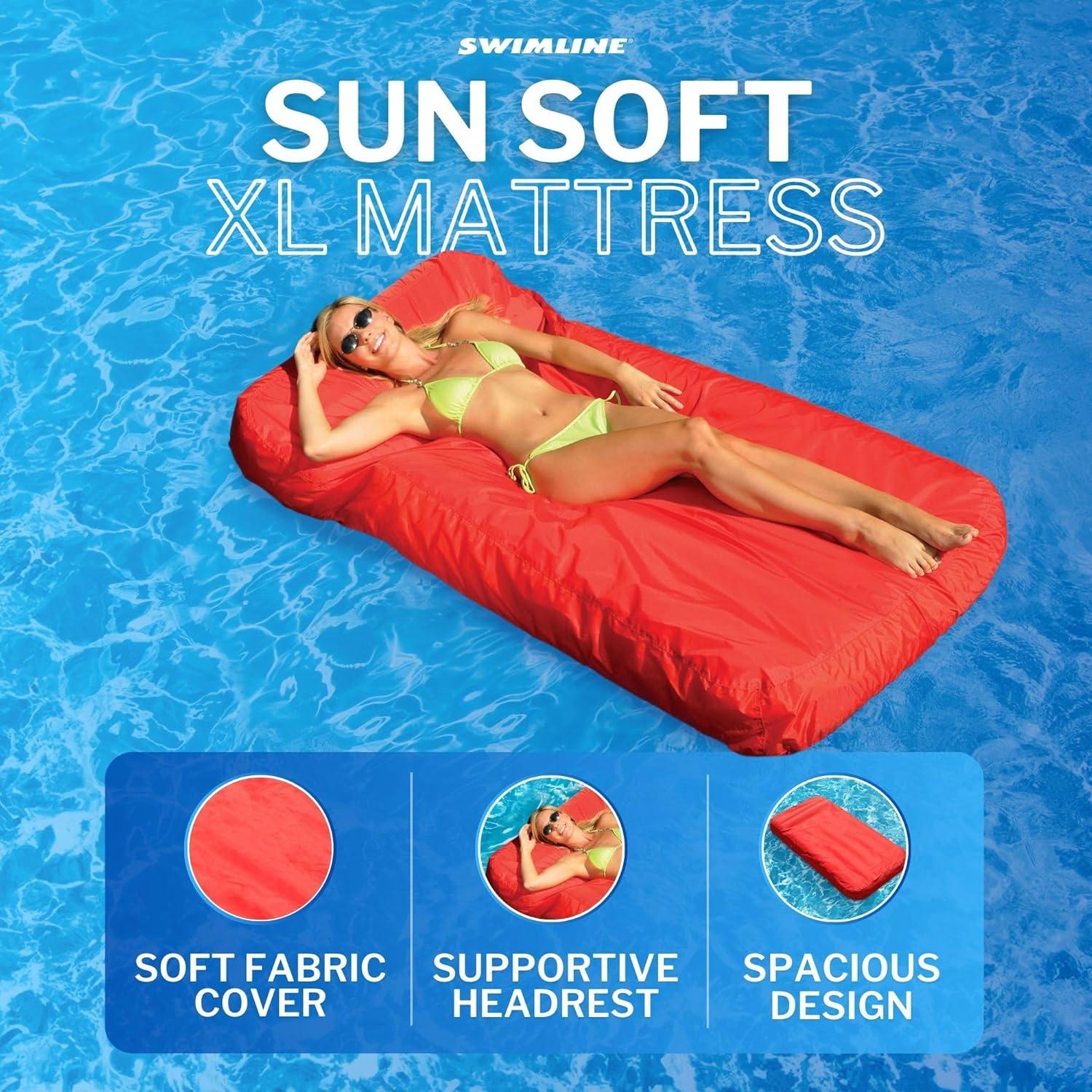 Solstice Sunsoft Fabric Covered Giant Oversized Inflatable Water Mattress Island, Pool Lake Lounge Float w/Adjustable Air Chambers, Red