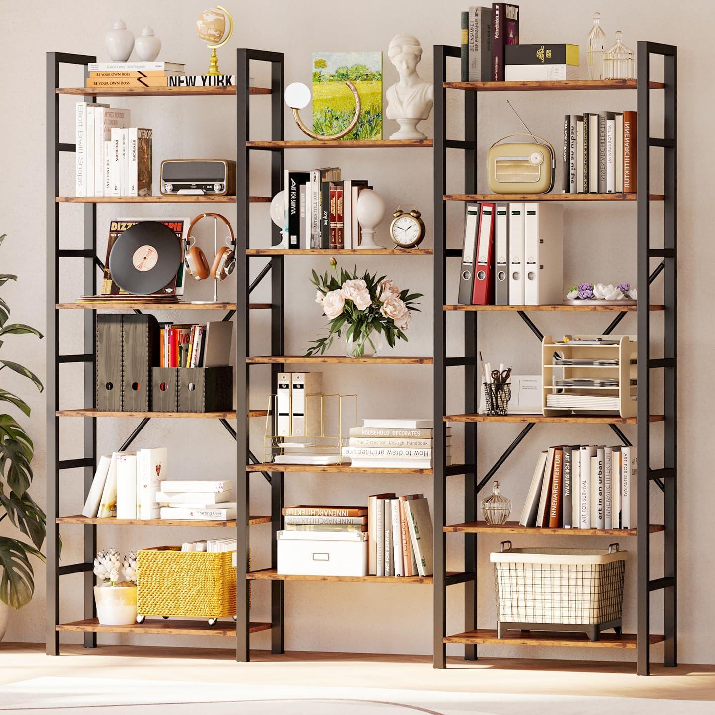 IRONCK Industrial Bookshelves Triple Wide 6 Tiers with Metal Frame for Home Office Vintage Brown