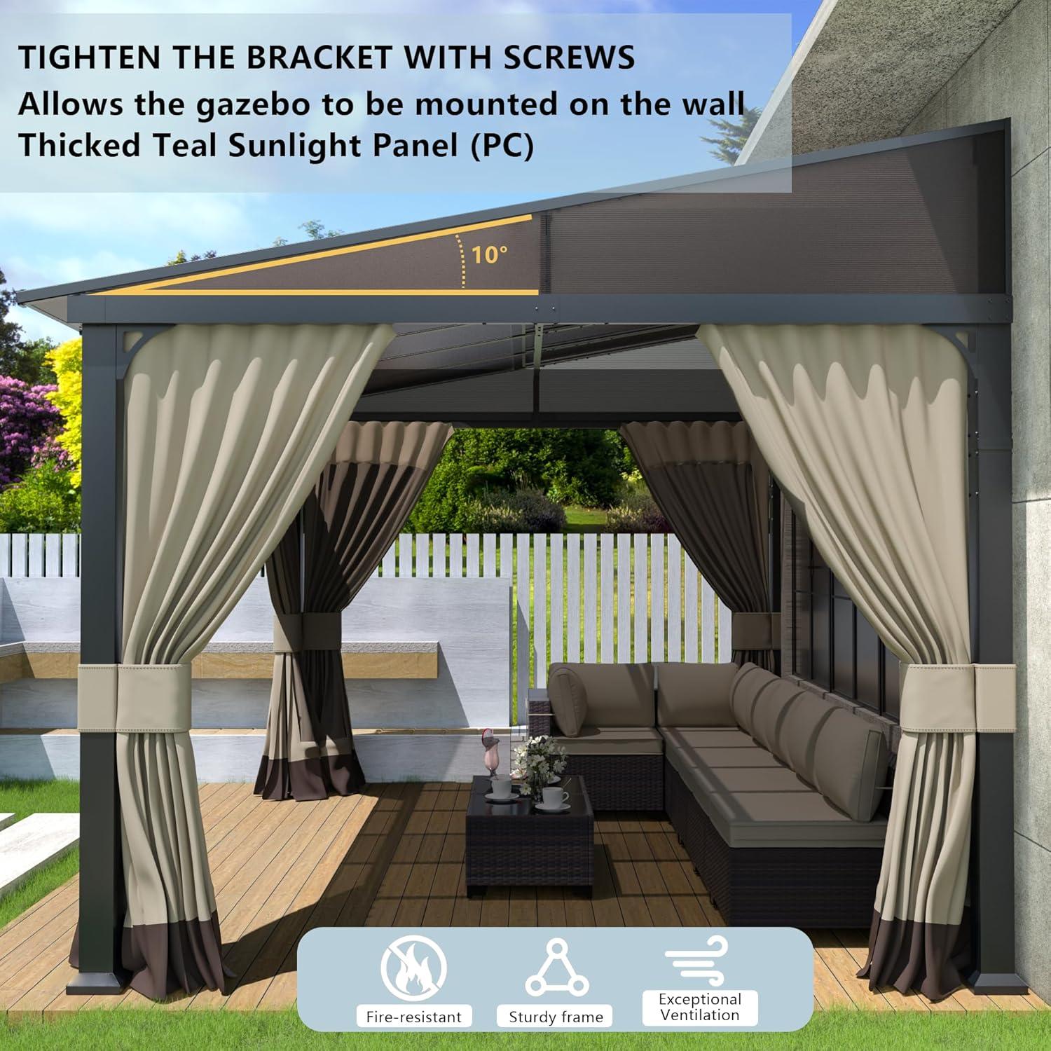10 ft. x 12 ft. Brown Hardtop Wall Mounted Gazebo with Sloping Pitched Roof and Curtain Sand