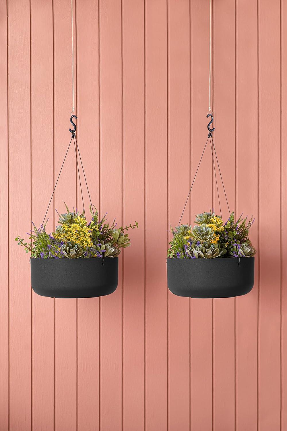 Kona Modern Hanging Bowl Planter 14" in Black Plastic-Stone Composite