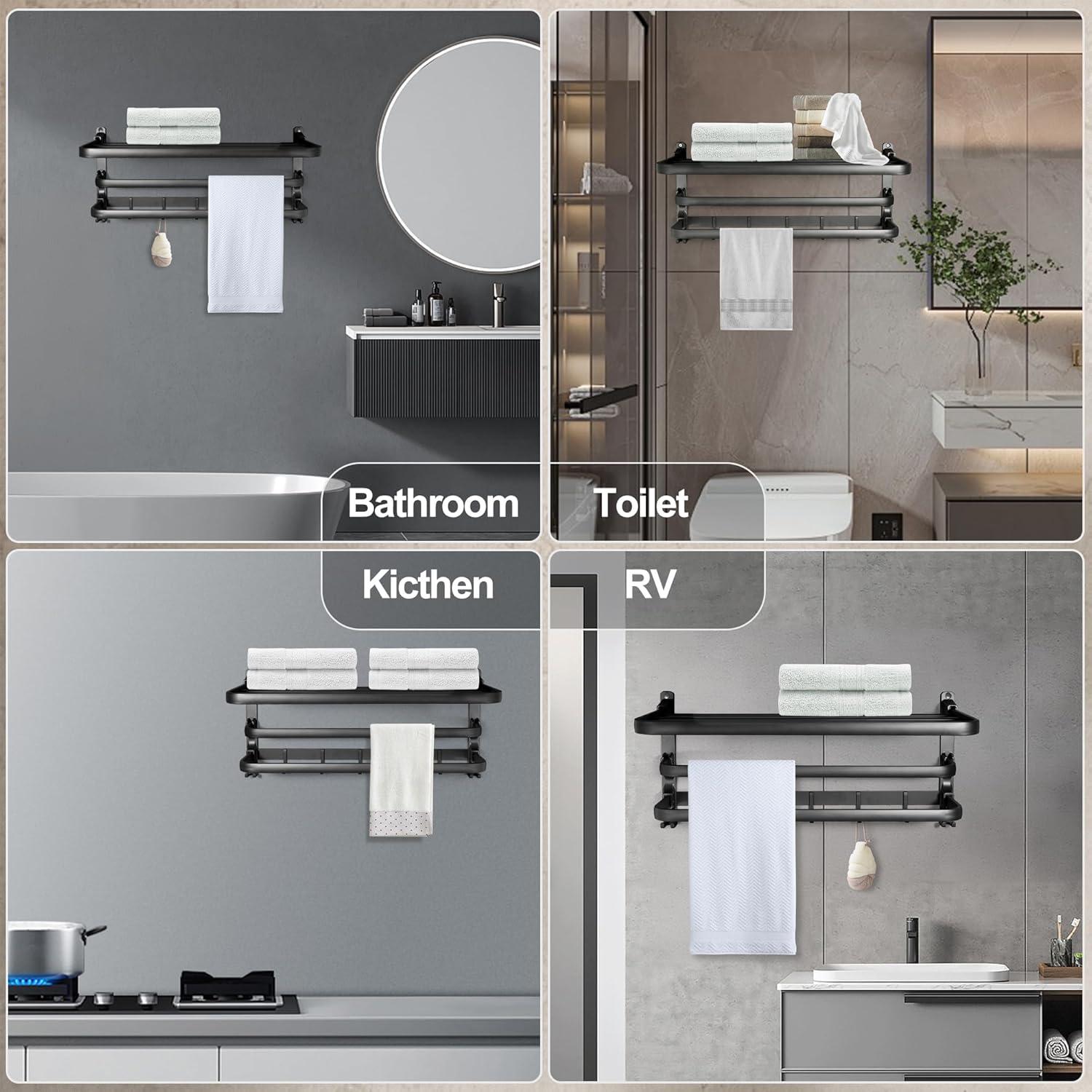 VOLDRA Towel Racks for Bathroom, 24-Inch Towel Shelf with Towel Bar Foldable Towel Holder with 7 Hooks Towel Storage Organizer for Bathroom & Lavatory Wall Mounted(Matte Black)