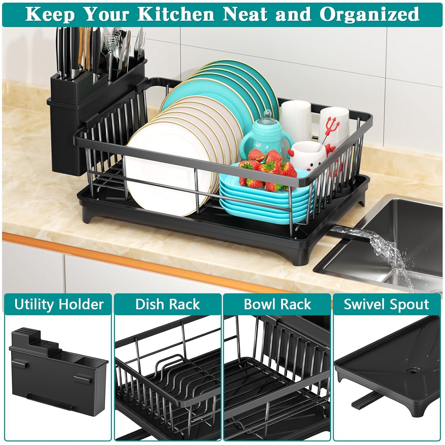 iSPECLE Dish Drying Rack with Drainboard - Dish Racks for Kitchen Counter, Rust-Resistant Compact Dish Drainer with Utensil Holder, Drain Spout and High Feet on Drip Tray, Black