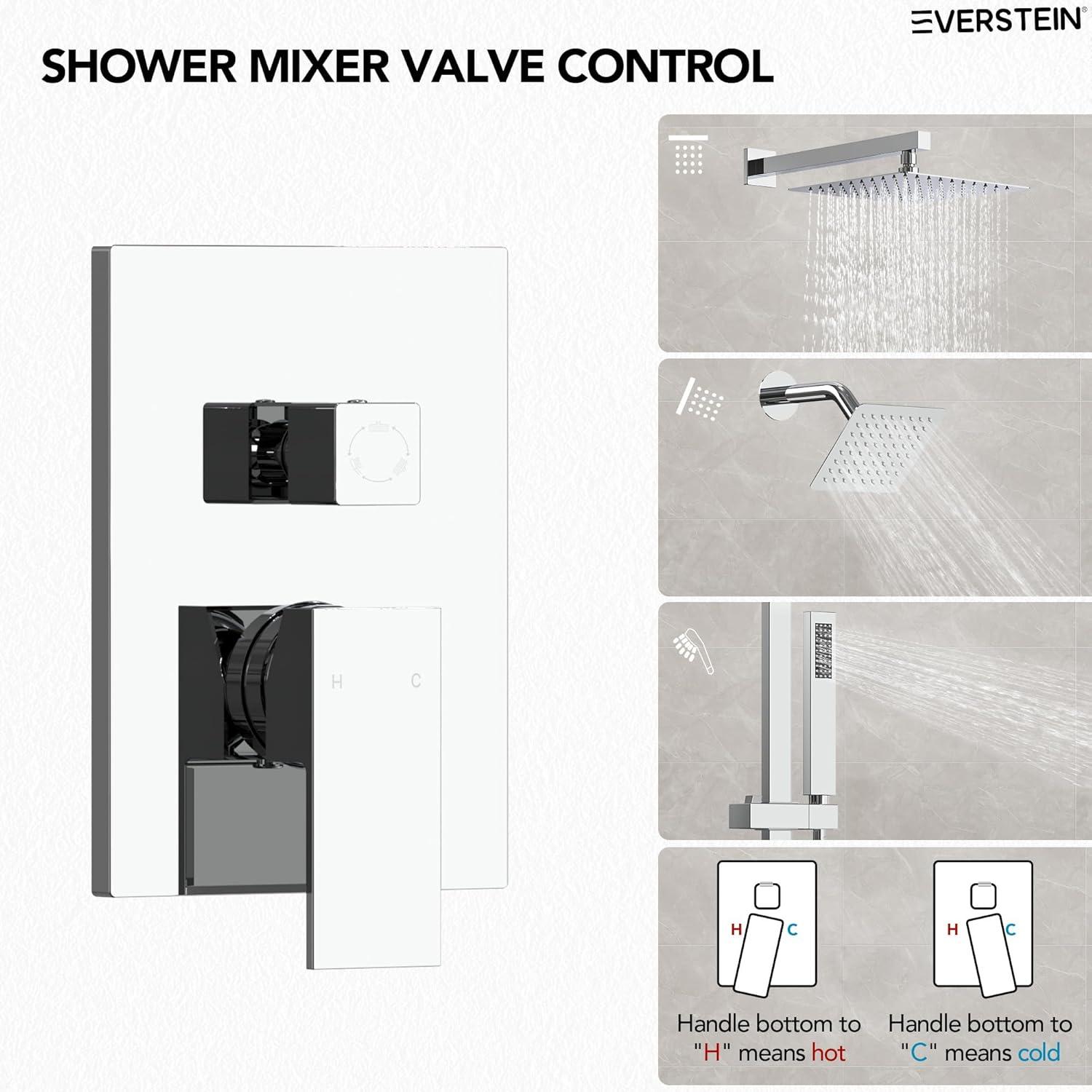 EVERSTEIN DualJetSpa 10-Inch High-Pressure Rainfall Shower Faucet with Handheld Spray, Wall Mount Dual Showerheads System with Slide Bar and Rough-in Valve SFS-1059-CH10