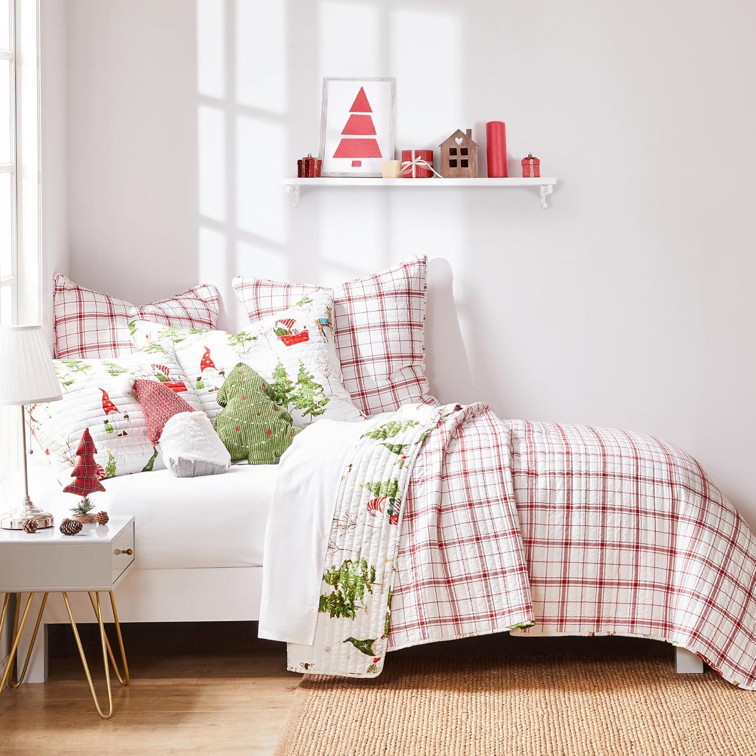 Red and White Plaid Cotton Polyester Euro Shams Set