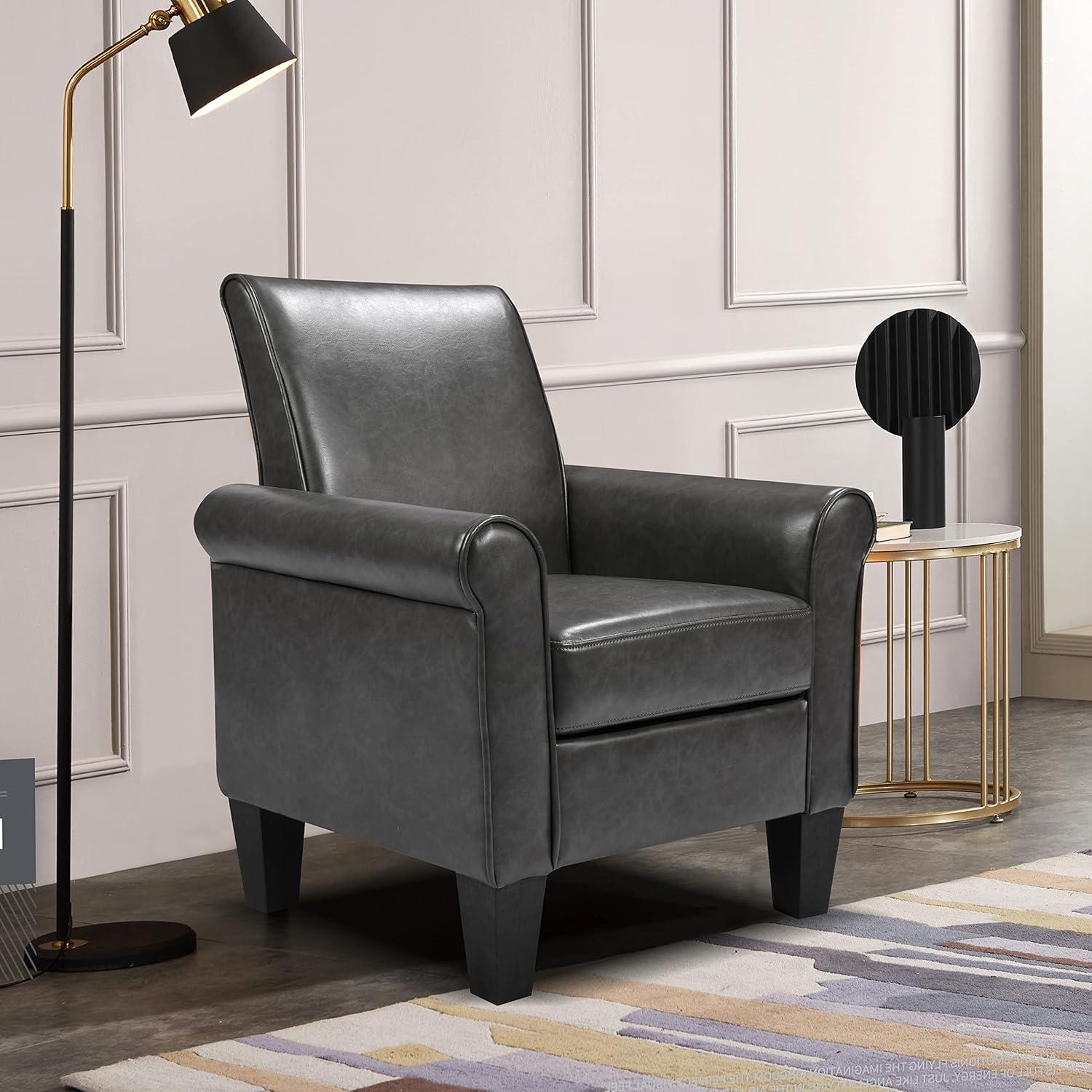 THSUPER Living Room Grey Accent Chair | Faux Leather | Modern Club Chair, Comfy Single Sofa Chair