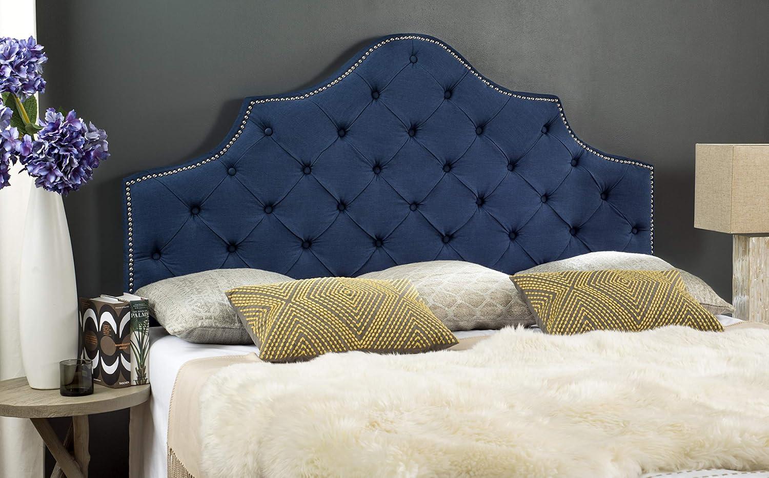 SAFAVIEH Arebelle Rustic Glam Tufted Headboard with Nail Heads, King, Steel Blue