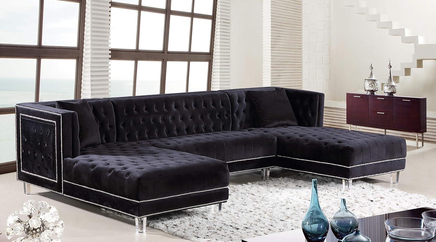 Luxurious Black Velvet Tufted 3-Piece Sectional with Nailhead Accents