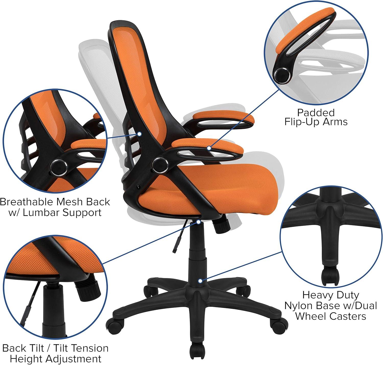 Flash Furniture High Back Orange Mesh Ergonomic Swivel Office Chair with Black Frame and Flip-up Arms