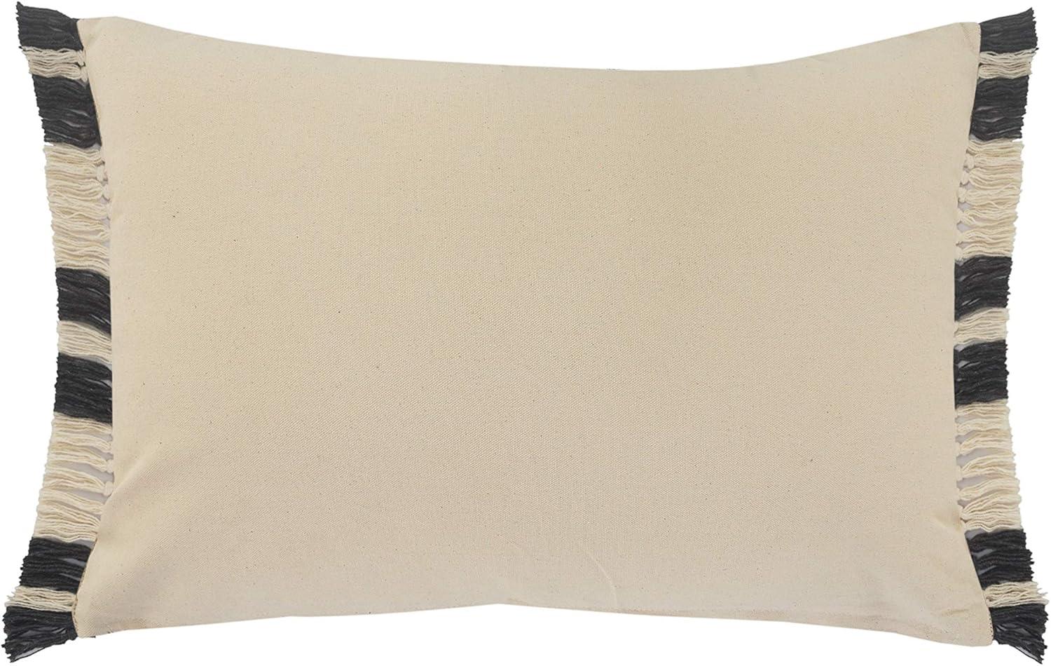 Gray and White Cotton Lumbar Pillow with Fringe, 16" x 24"