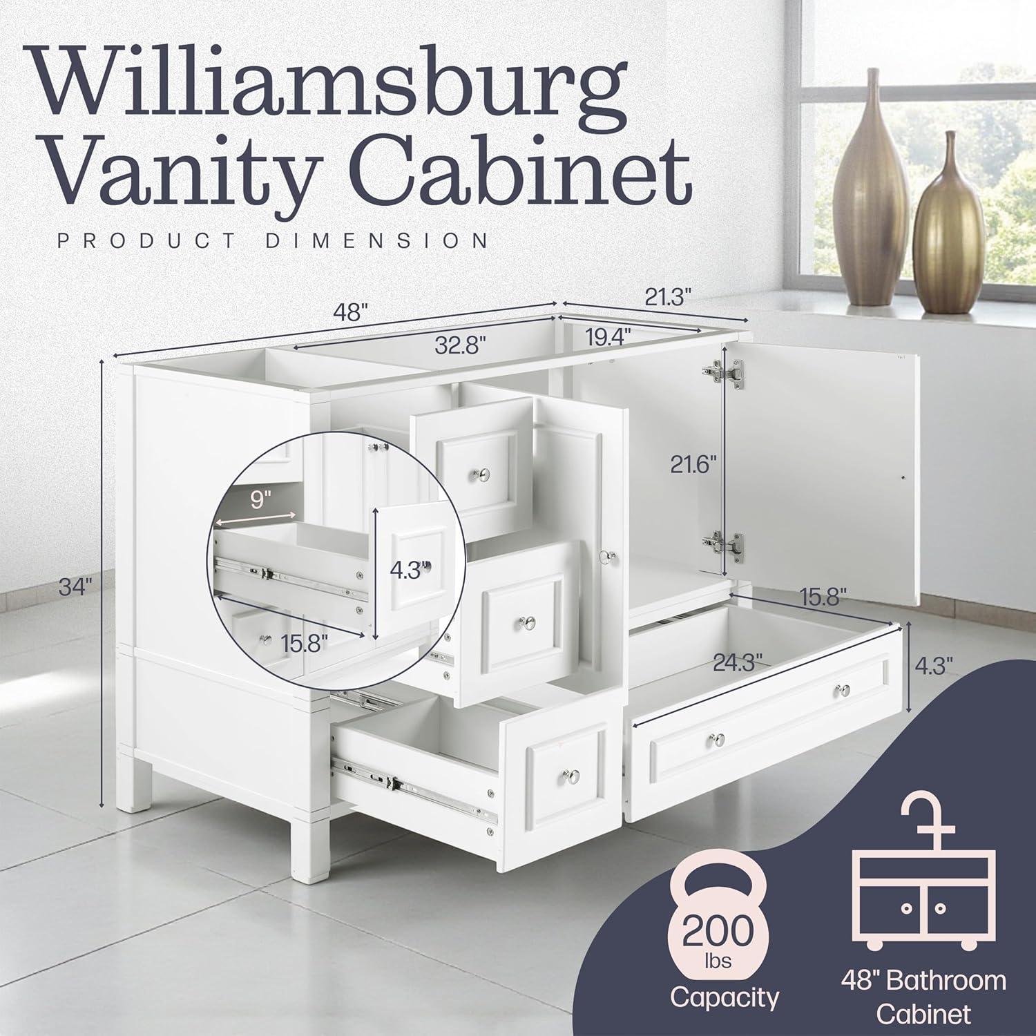 Williamsburg 48 Inch Bathroom Vanity, Freestanding Cabinet Without Sink, Large Wood Vanity with Soft-Close Doors
