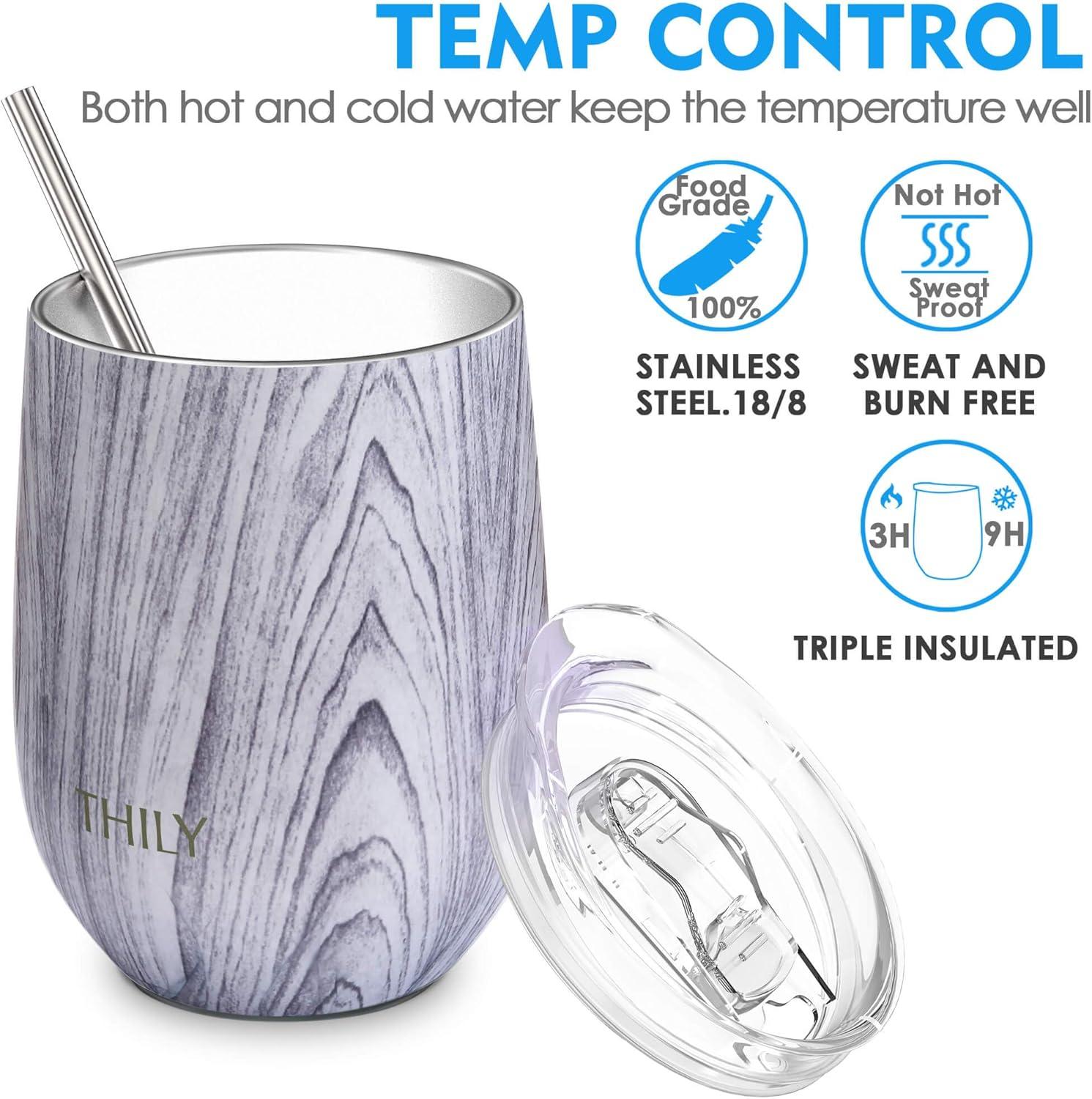 Wine Tumbler Vacuum Insulated Stemless - THILY 12 oz Triple-Insulated Stainless Steel Wine Glass with Lid and Straw, Cute Travel Cup Keep Cold or Hot for Coffee, Cocktails, Wood Grain