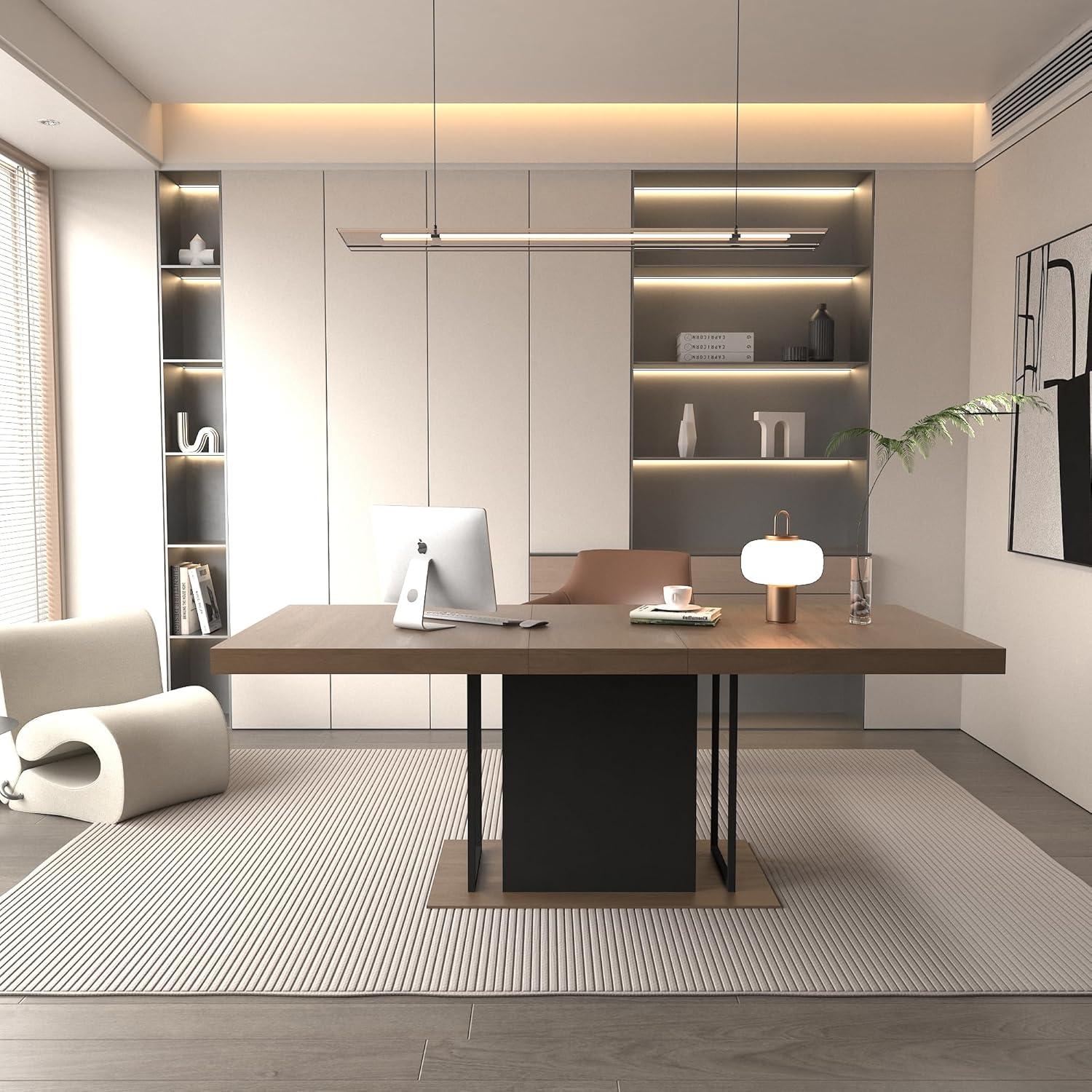 106.3" Wood Expandable Dining Table for 8-12 Person, Modern Extendable Dining Room Table Large Rectangle Dining Table with Leaf Extension Pedestal Dining Table for Dining Room Kitchen Dark Oak