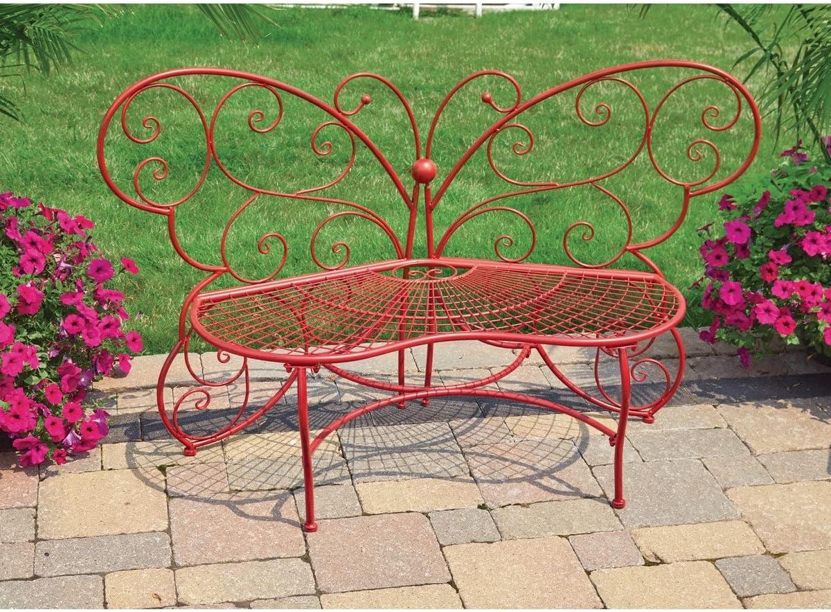 Butterfly Metal Bench Red - Alpine Corporation: Durable Garden Seating, Weather-Resistant Iron Construction