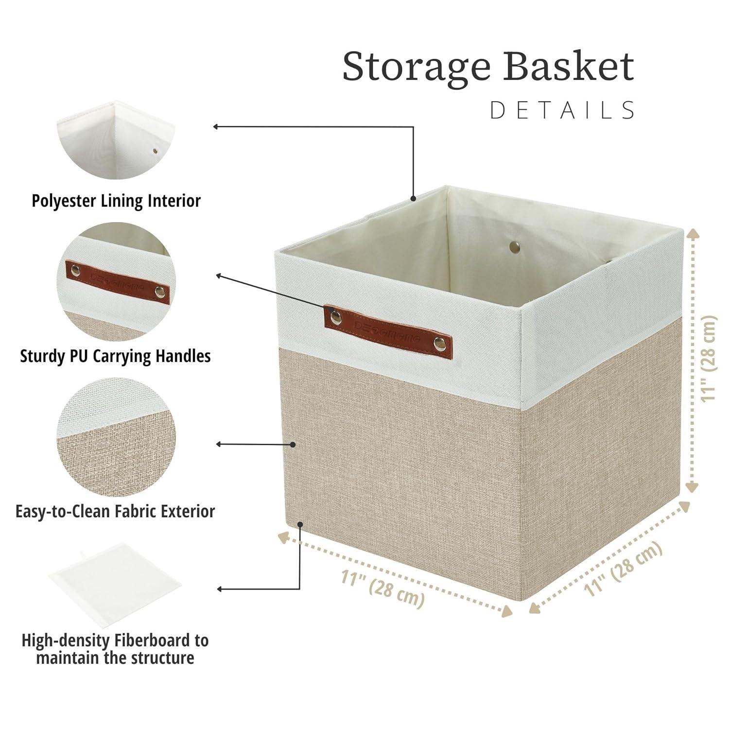DECOMOMO Fabric Cube Storage Bins - Storage Baskets for Shelves, Cube Storage Organizer for Kallax and Cubbies (Beige & White, 11 inch Cube) - 4 Pack