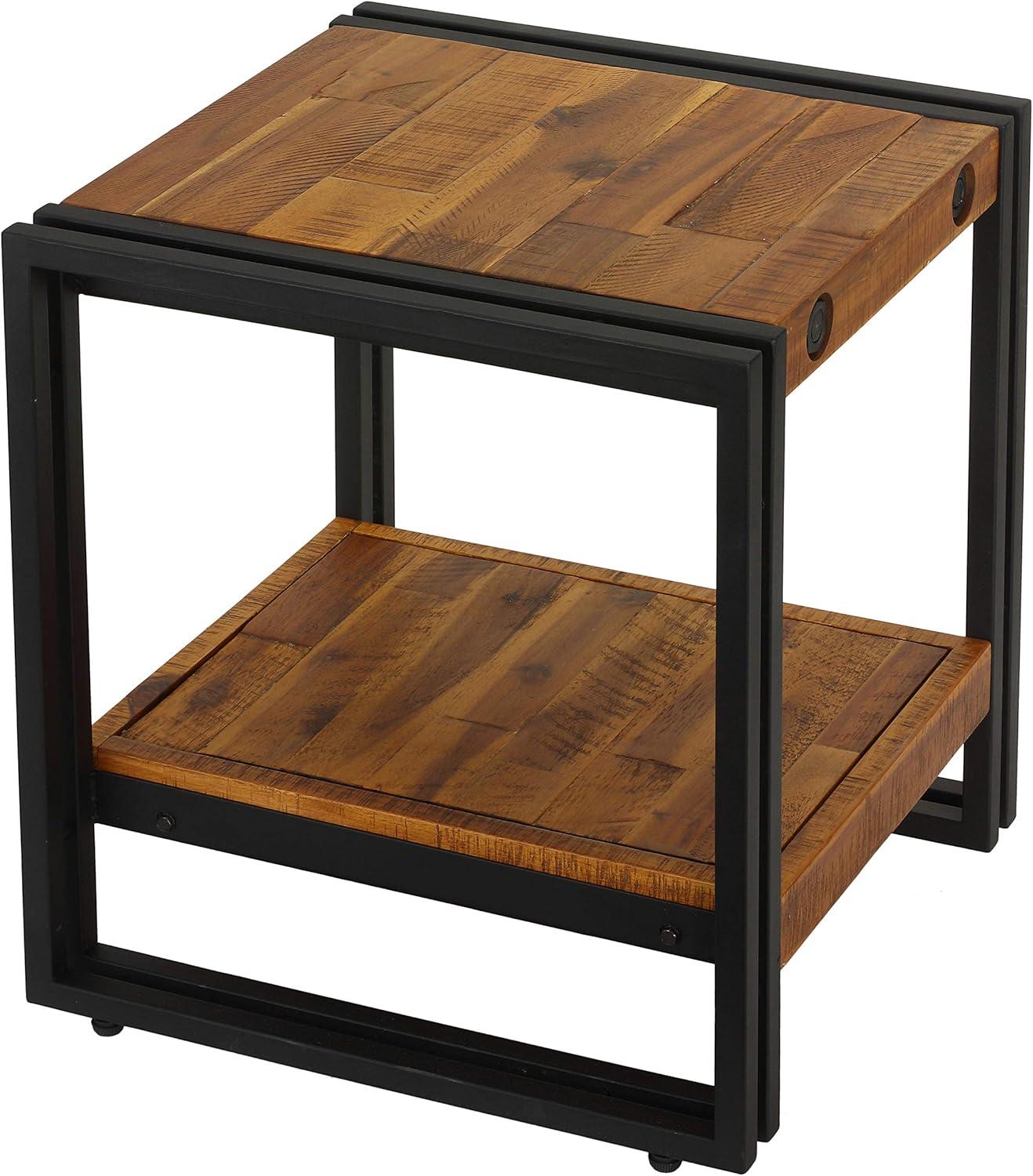 Rustic Brown Wood and Black Metal Square End Table