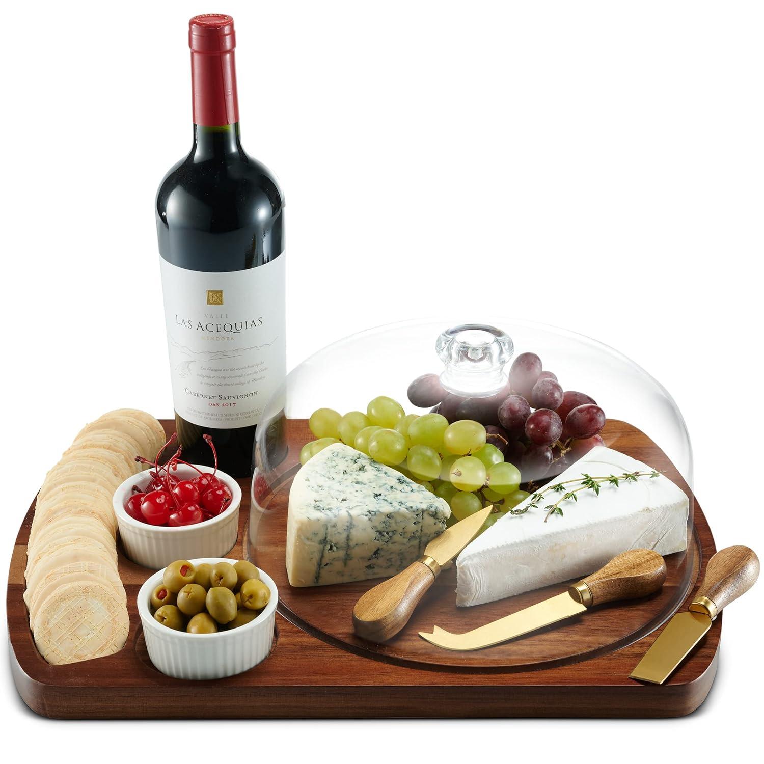 Acacia Wood Cheese Board Set with Acrylic Dome and Dip Bowls