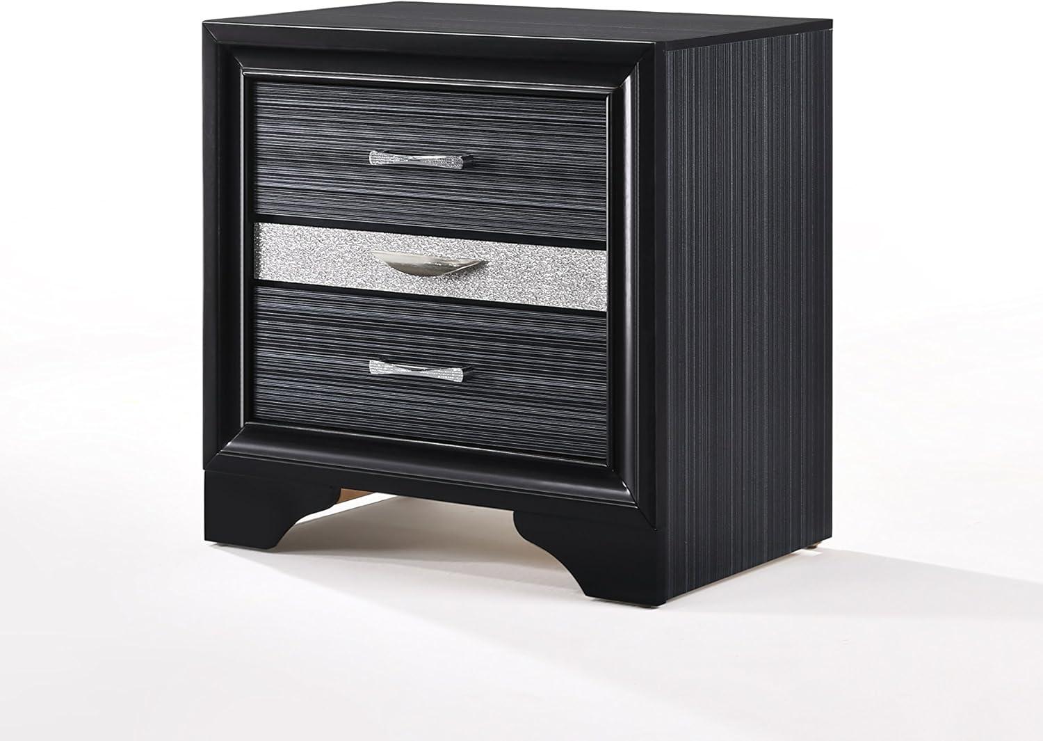 Elegant Glossy Black 3-Drawer Nightstand with Crystal Inserts