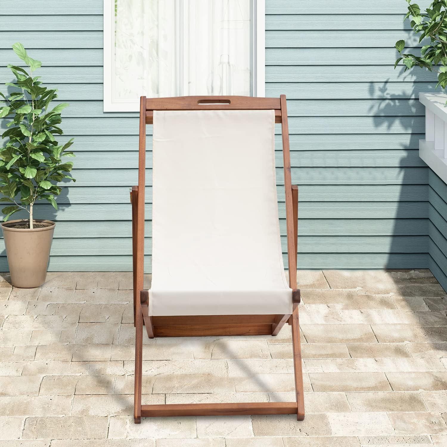 FDW Beach Sling Patio Chair for Relaxing, Foldable with Adjustable Height Made from Eucalyptus Wood with White Polyester