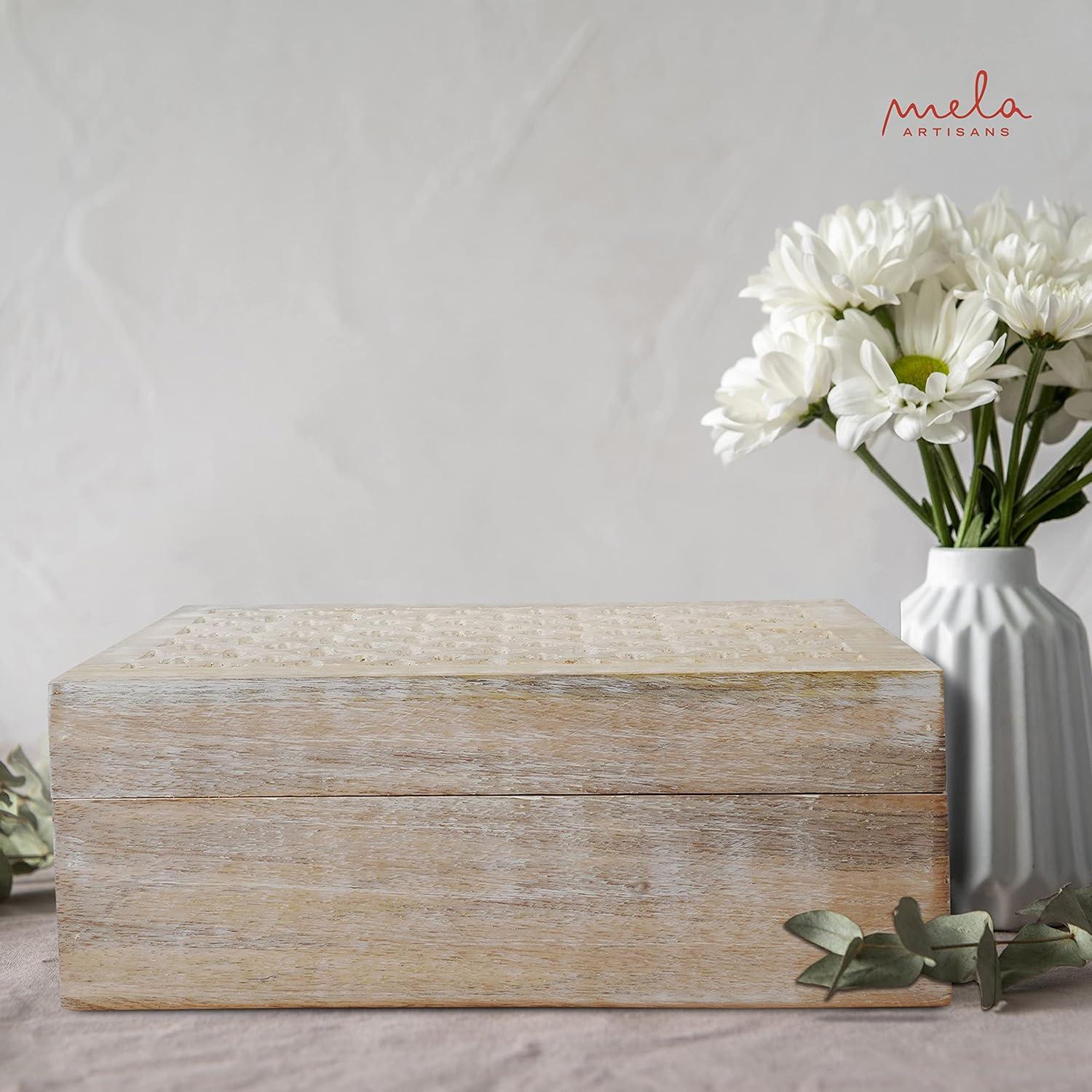 Mela Artisans Wood Keepsake Box with Hinged Lid in Trellis Design White- Extra Large