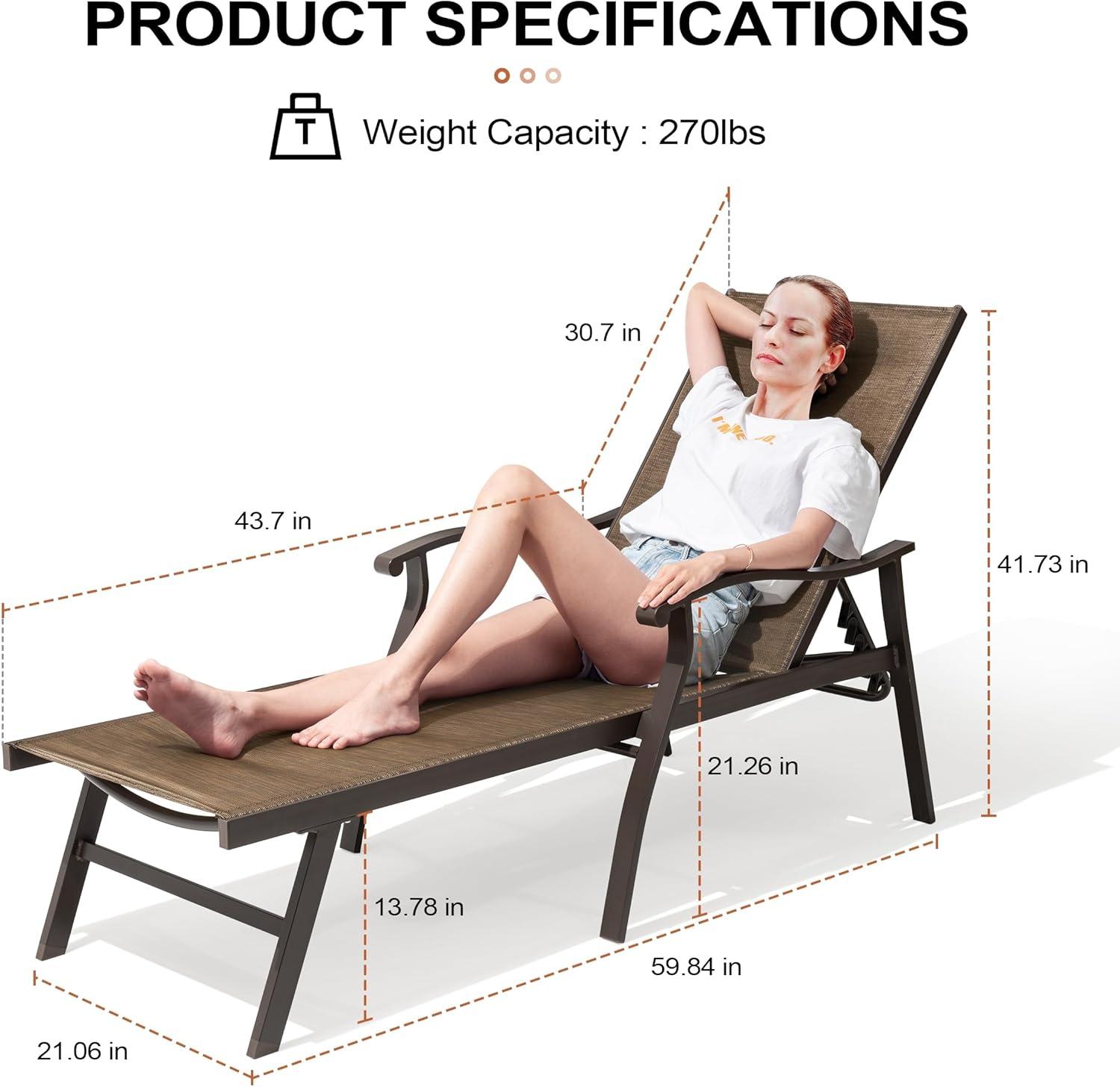 Outdoor Aluminum Adjustable Chaise Lounge Chair with Arms - Brown - Crestlive Products: Patio Furniture, Weather-Resistant