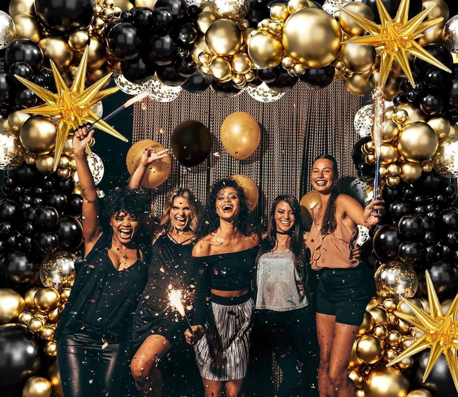FOTIOMRG Black and Gold Balloons Garland Arch Kit, 5 10 12 18inch Black Gold Confetti Latex Balloons for 2025 Graduation New Year Anniversary Birthday Party Decorations