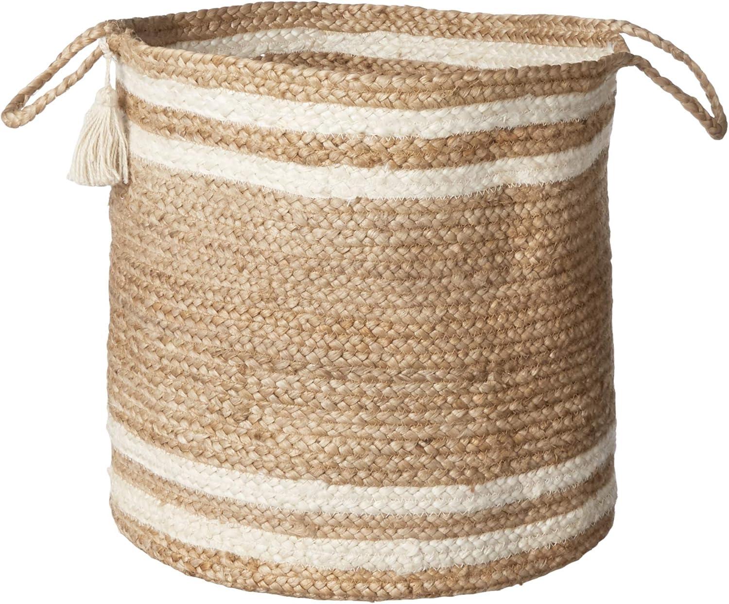 LR Home Baria Natural Jute Braided - 19" x 19" x 19" Striped Decorative Storage Basket