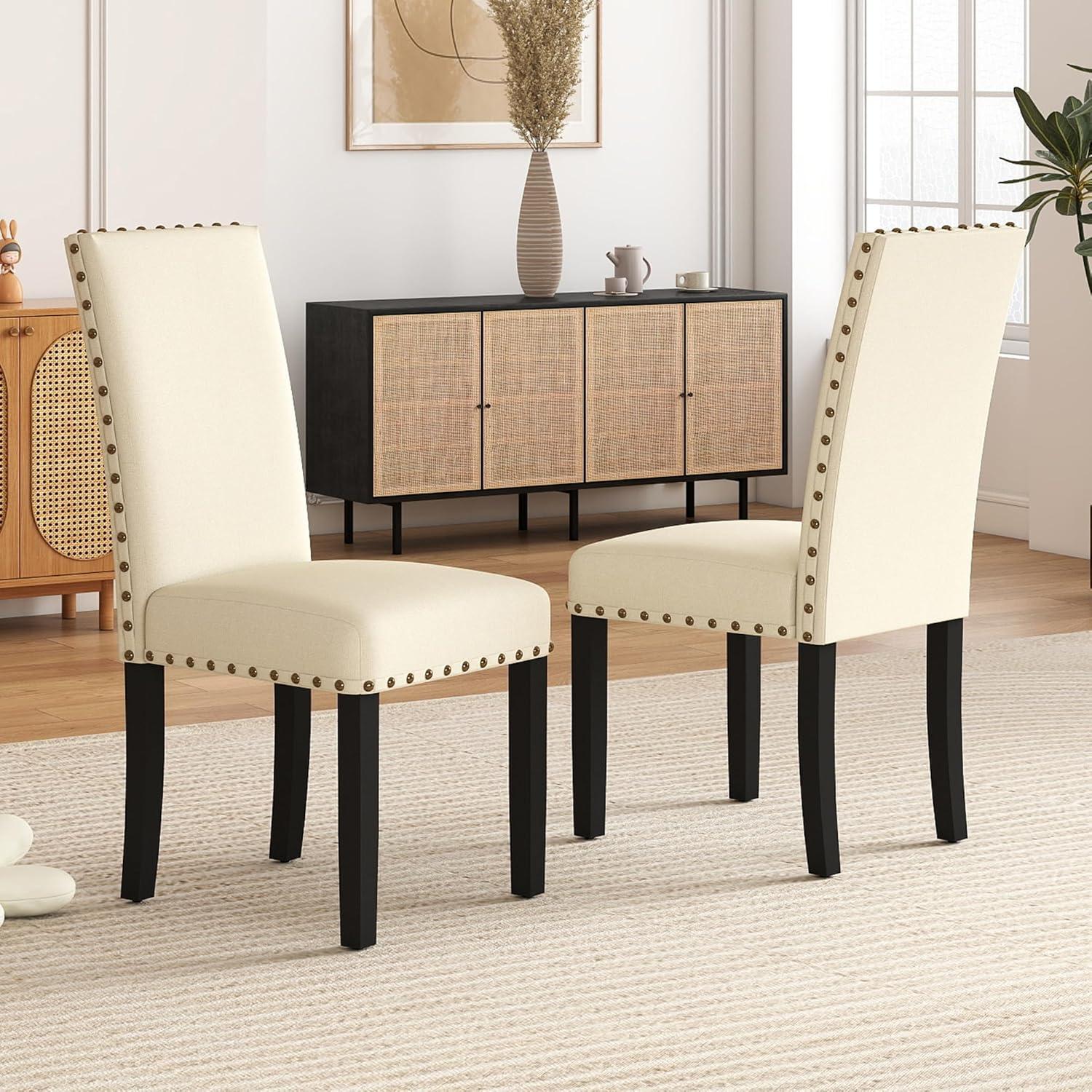 Costway Set of 2 Fabric Dining Chairs Upholstered with Nailhead Trim Beige