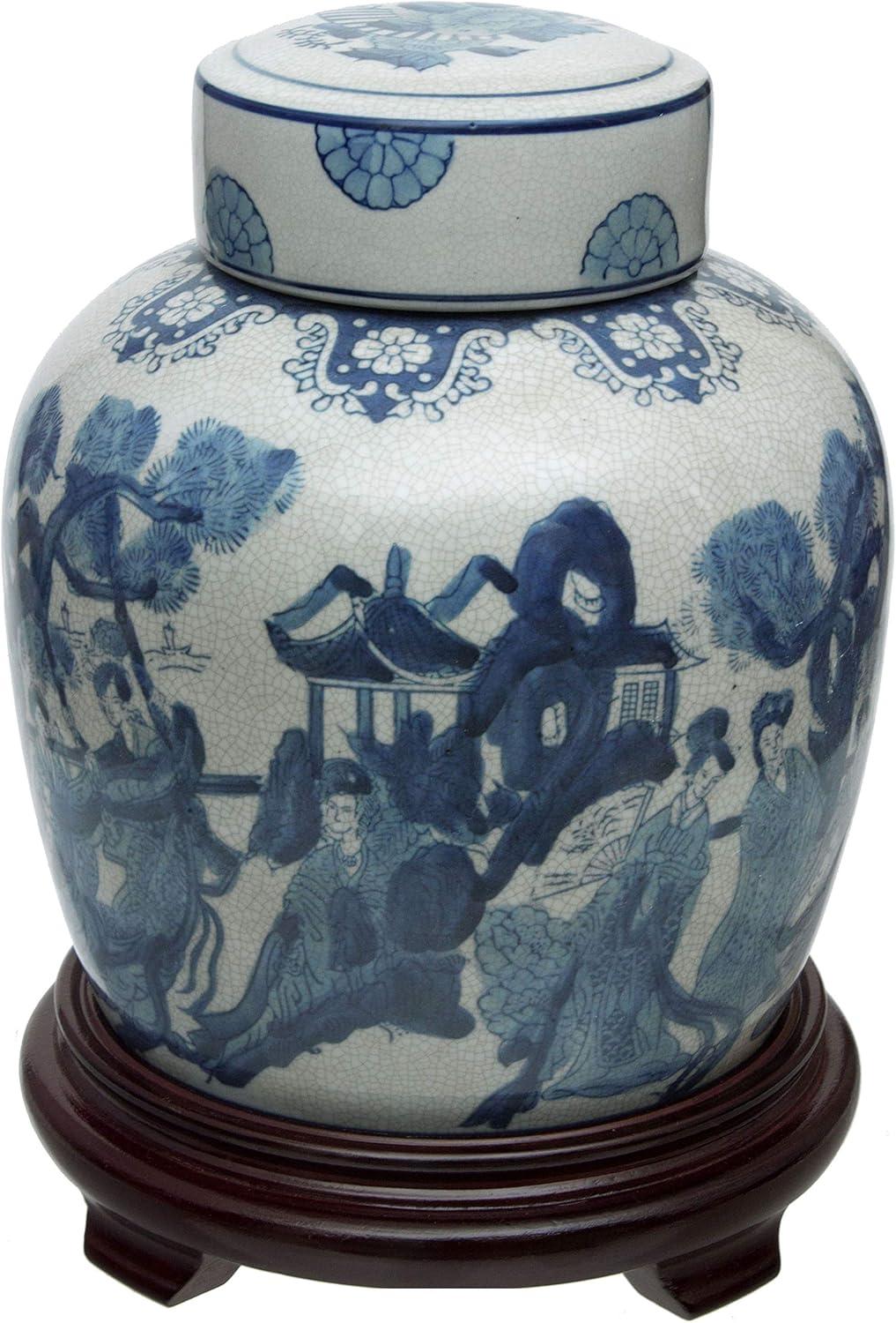 10" Ladies Blue & White Porcelain Ginger Jar