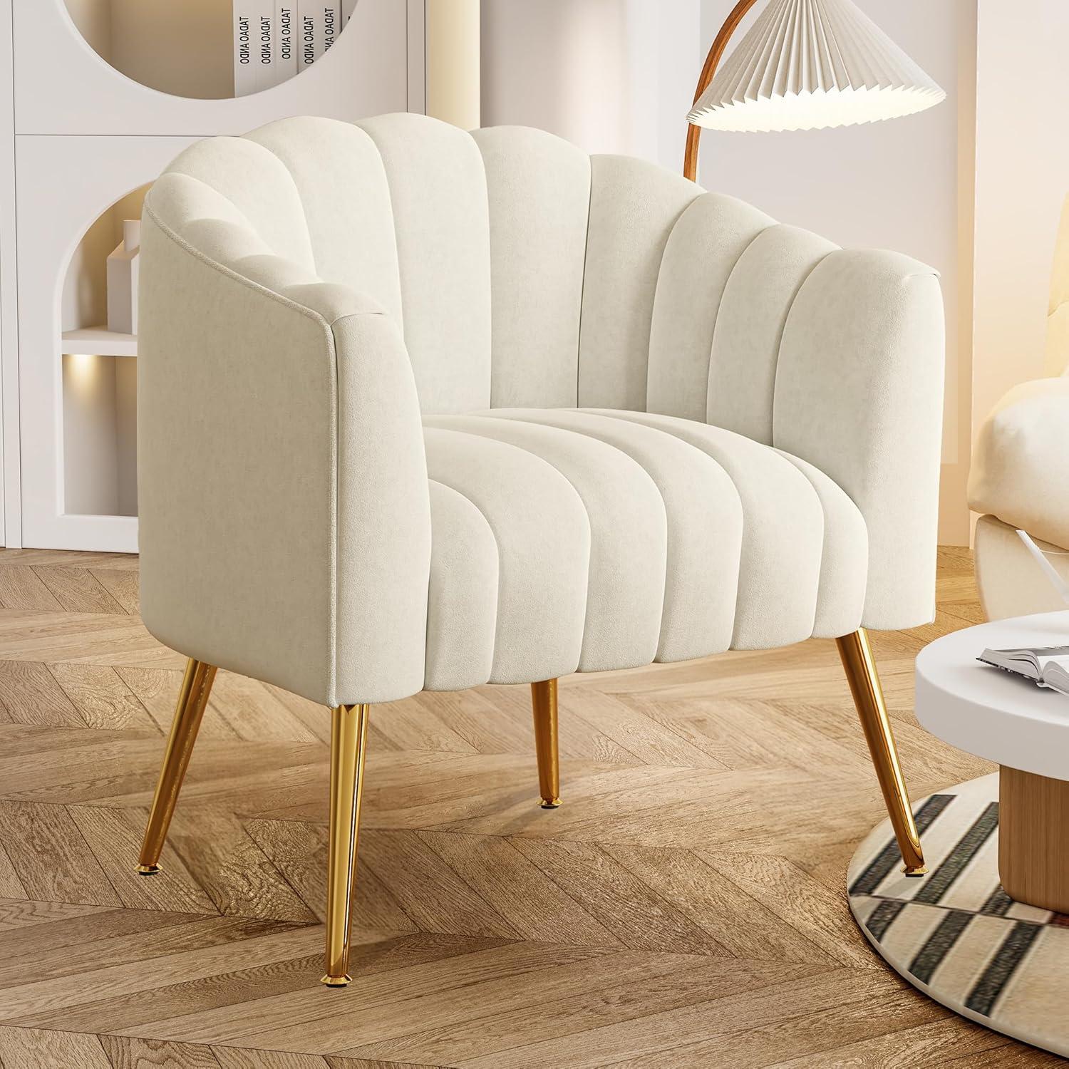 Beige Velvet Barrel Accent Chair with Gold Legs