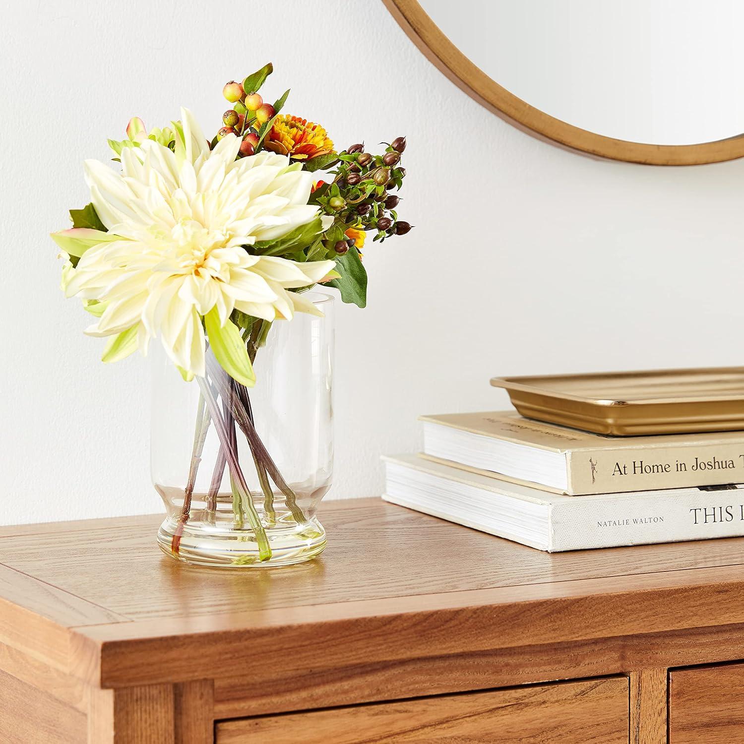 Nearly Natural 10.5-in Mixed Dahlia and Mum with Glass Vase