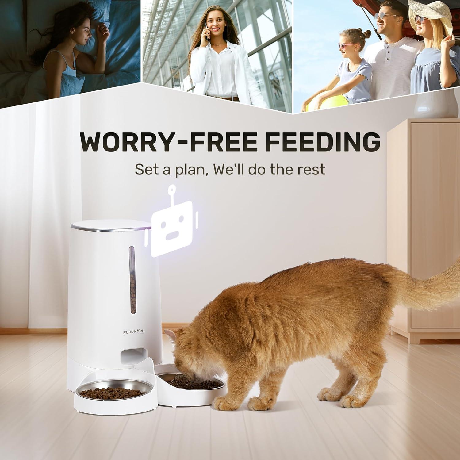 FUKUMARU Automatic Cat Feeder, 4L Dog Feeders with Double Bowls, Support DIY Meals and Timed Control WiFi Cat Food Dispenser, Suit for Most Cat and Dog Food C49