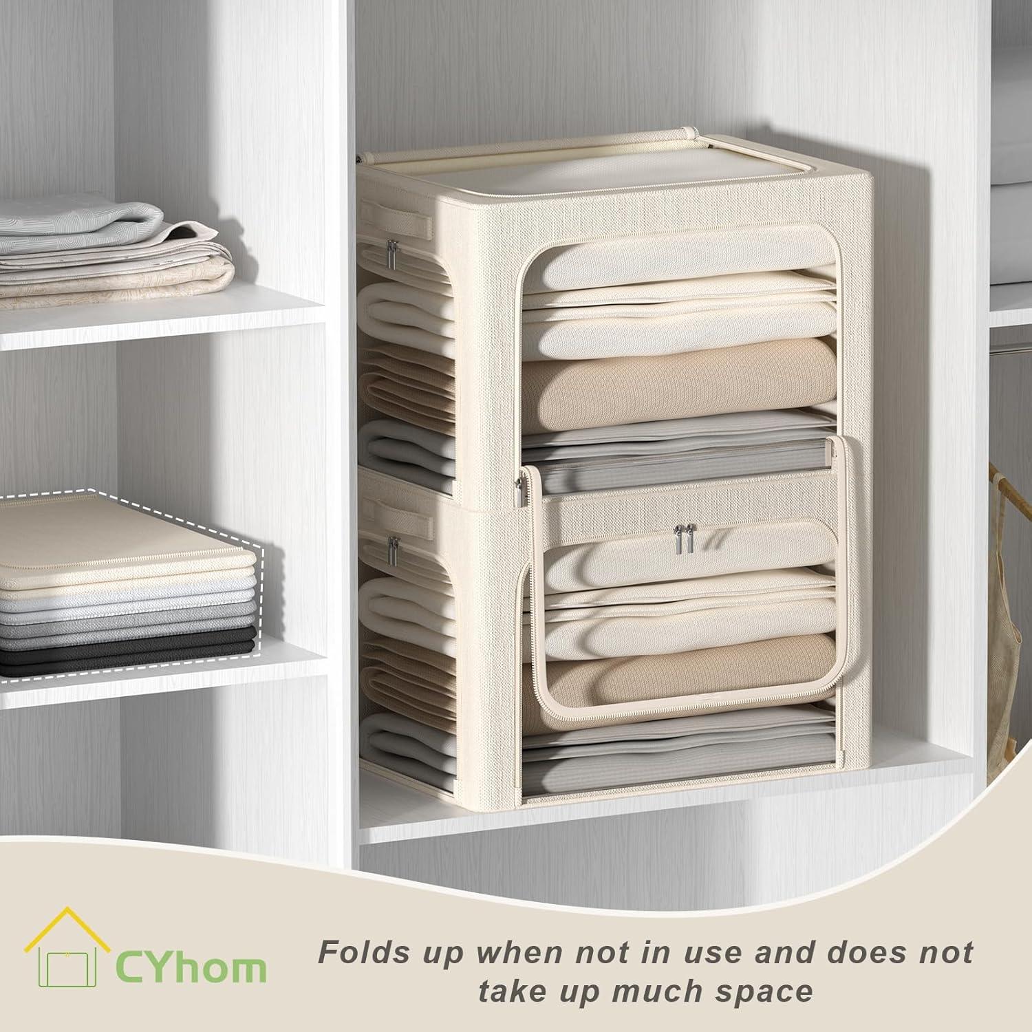 3 Openings Clothes Storage Bins With Metal Frame, Foldable Storage Bin For Clothes, Clothing Storage Bins With Lid, Linen Storage Box With Clear Window& Zippers& Durable Handles.(3 Pcs,Light Grey,40L)