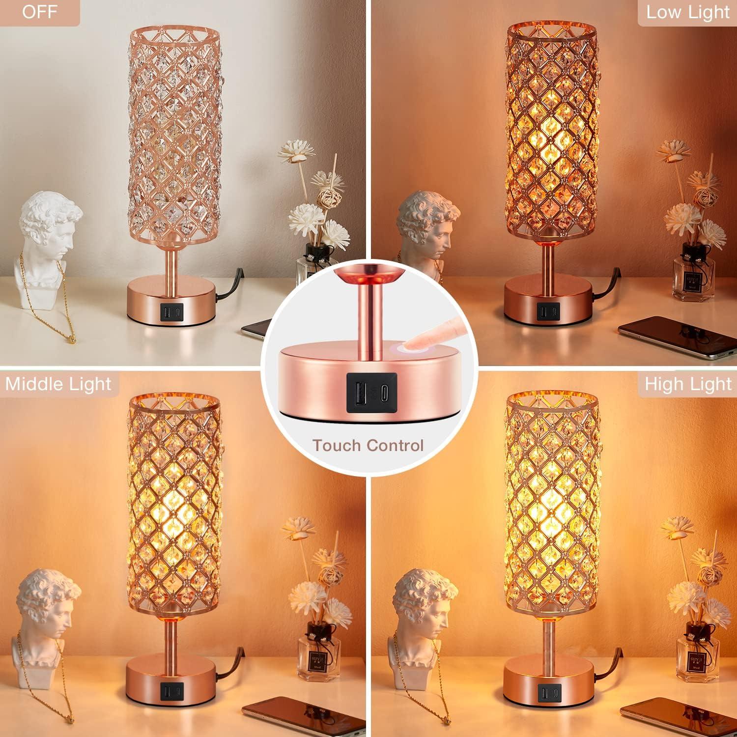 Rose Gold Crystal Touch Table Lamp with USB Ports