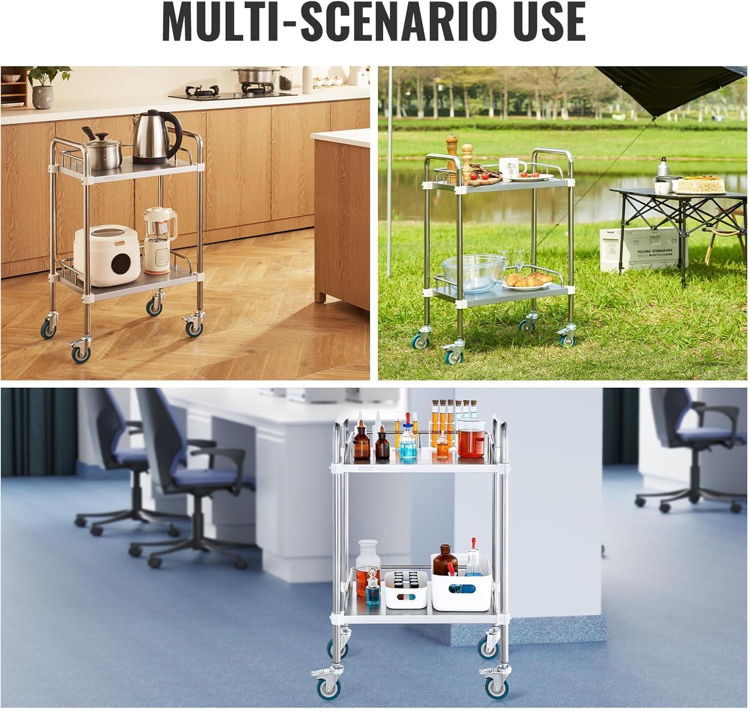 VEVOR Lab Rolling Cart, 2-Shelf Stainless Steel Rolling Cart, Lab Serving Cart with Swivel Casters, Dental Utility Cart for Clinic, Lab, Hospital, Salon, 15.16"x21.57"x34.06"