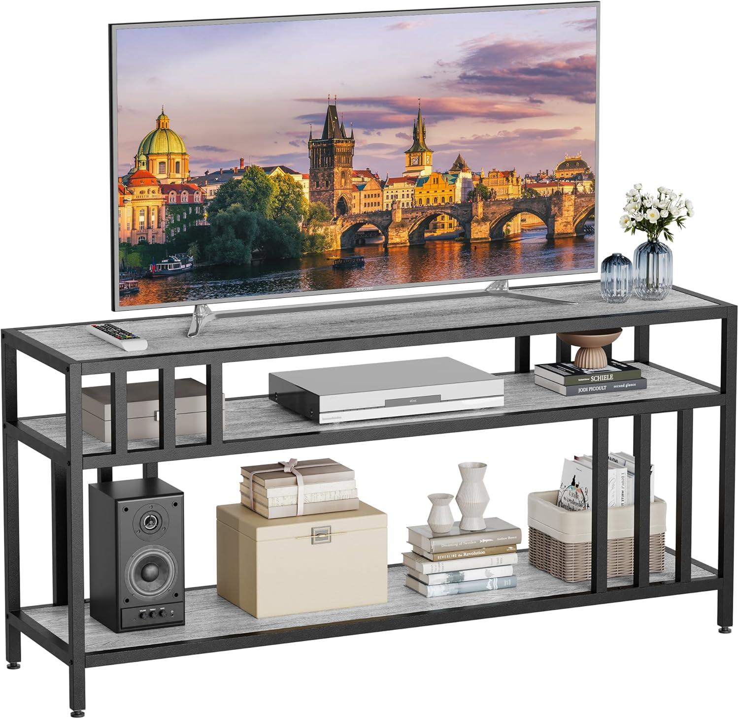 GarveeHome 58'' TV Stand for TV up to 65 Inches, Entertainment Center with Open Storage Shelves, TV Media Console Table with Quadruple-Tube Support for Living Room, Bedroom - 58" Grey