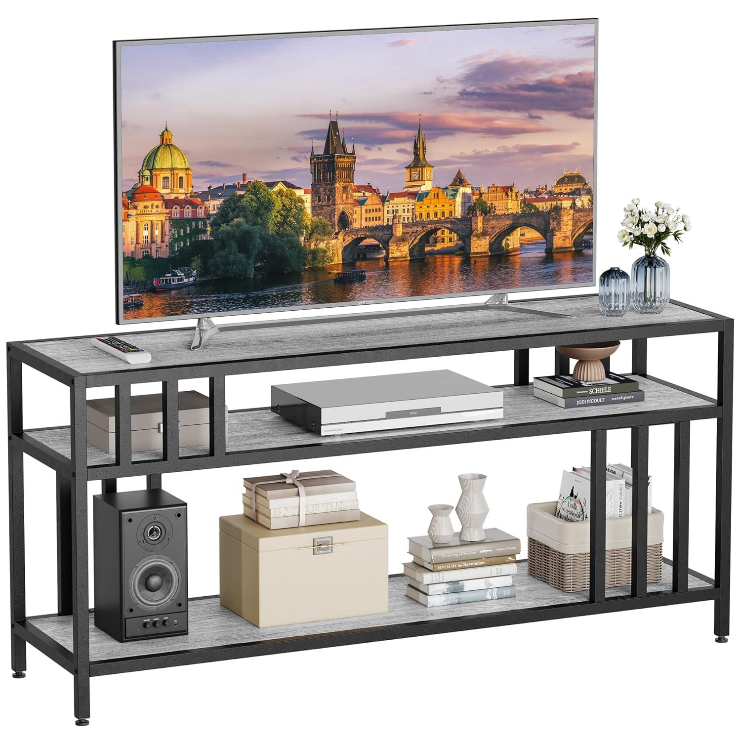 GarveeHome 58'' TV Stand for TV up to 65 Inches, Entertainment Center with Open Storage Shelves, TV Media Console Table with Quadruple-Tube Support for Living Room, Bedroom - 58" Grey