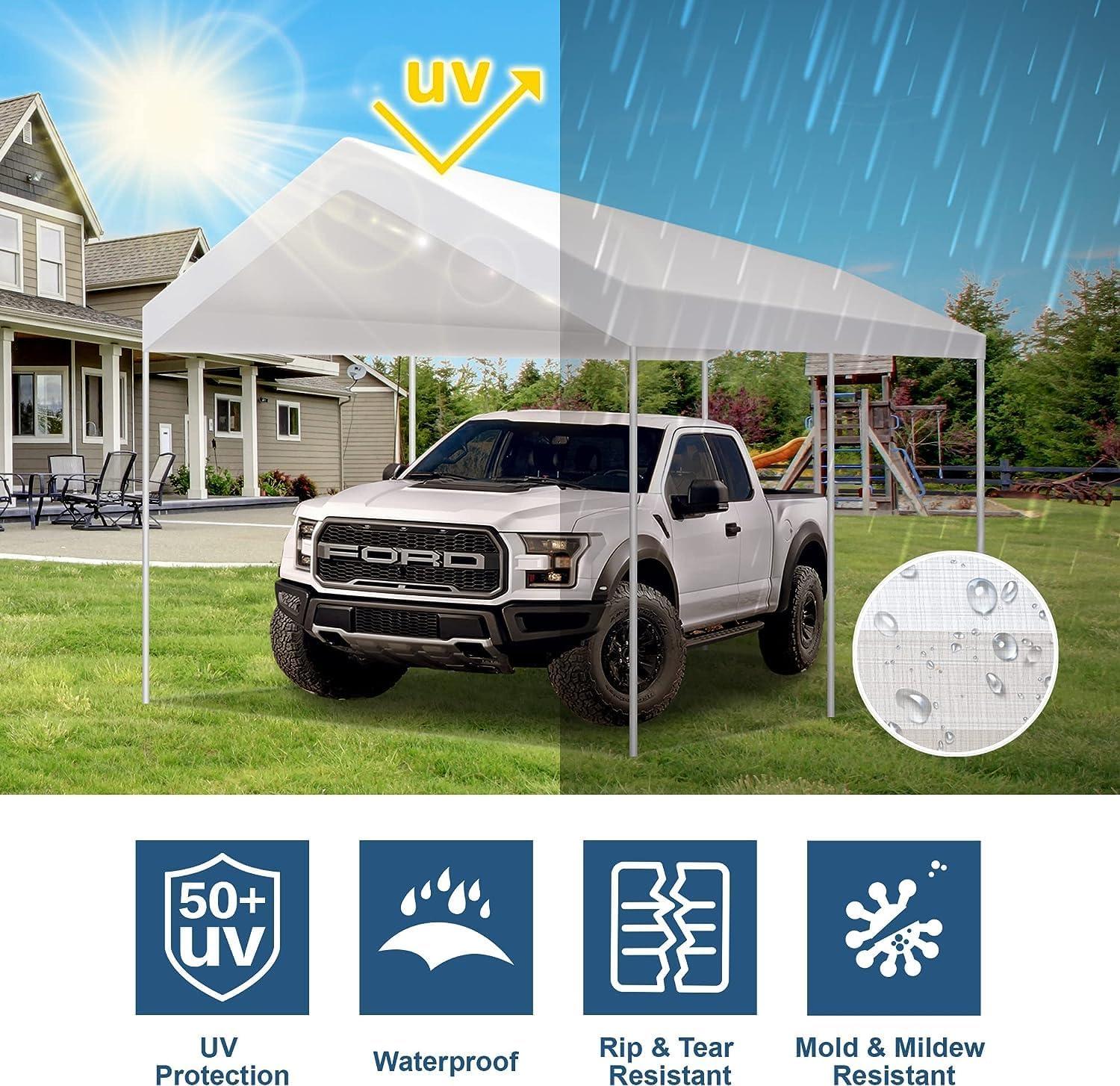 White 10'x20' PE Carport Replacement Canopy Cover with Bungees