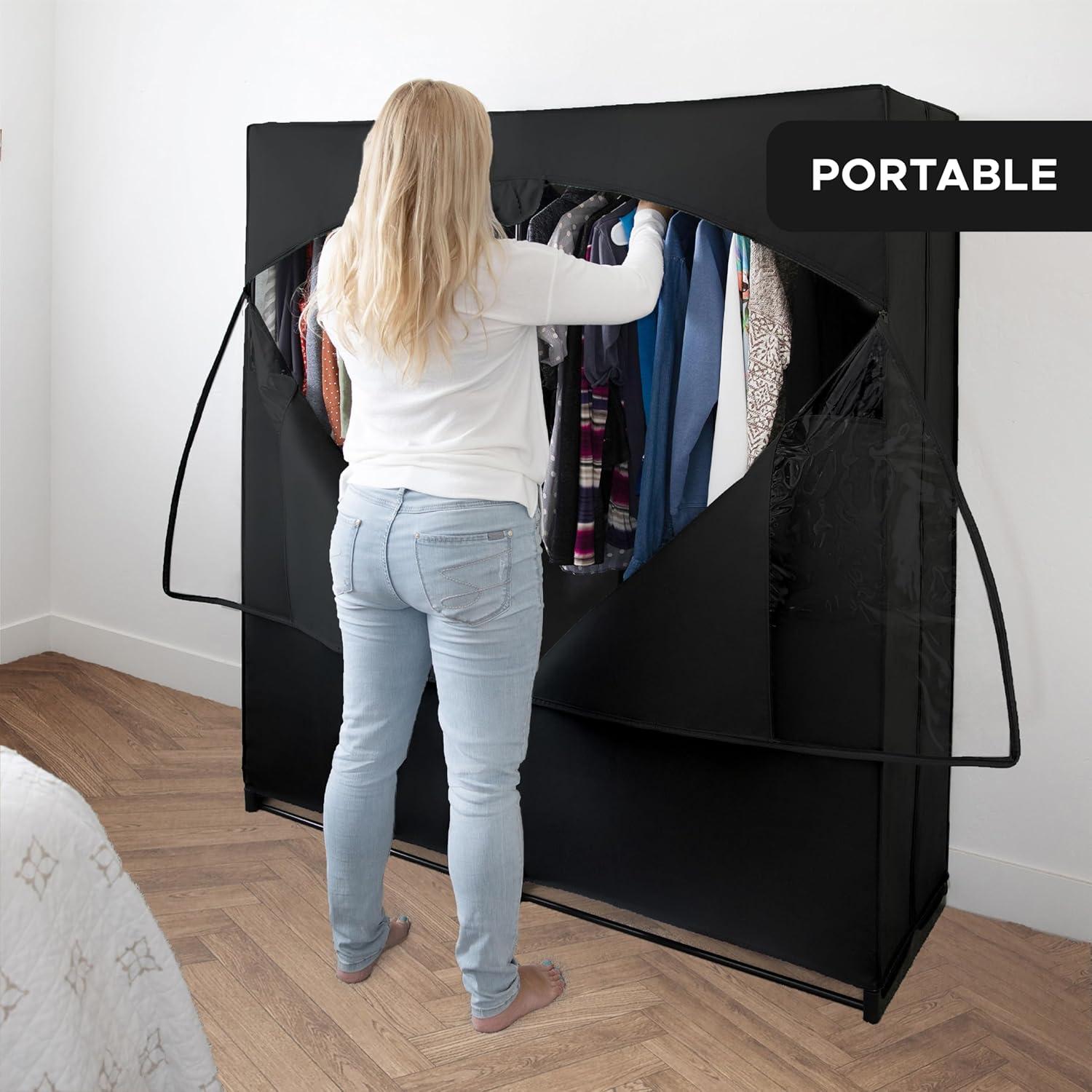 HOLDN’ STORAGE Portable Wardrobe Closet, Large - Premium Heavy Duty Metal Hanging Rod with Black Cover- 50 Lb. Weight Capacity- Super Easy Assembly, No Tools Required