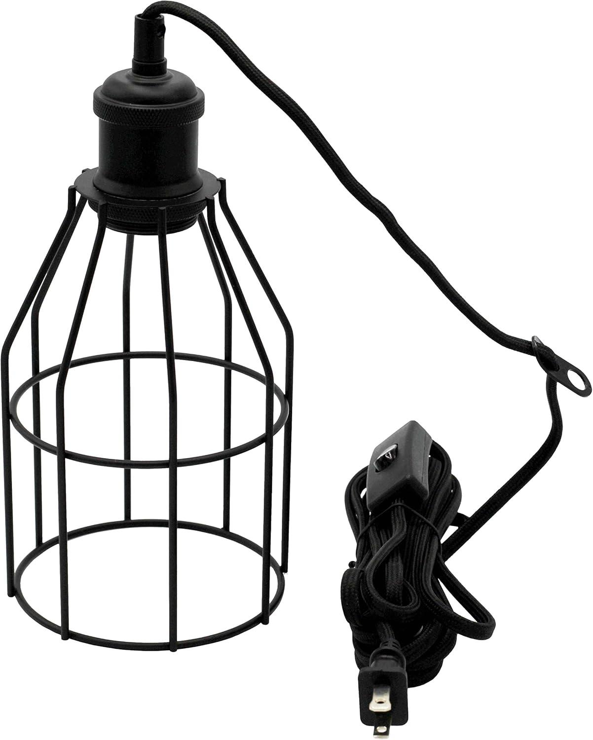 Industrial Hanging Pendant Light with Plug in Cord, Vintage Wire Cage Lamp for Kitchen Island Dining Room Farmhouse, 15 Cord with On Off Switch (Matte Black)