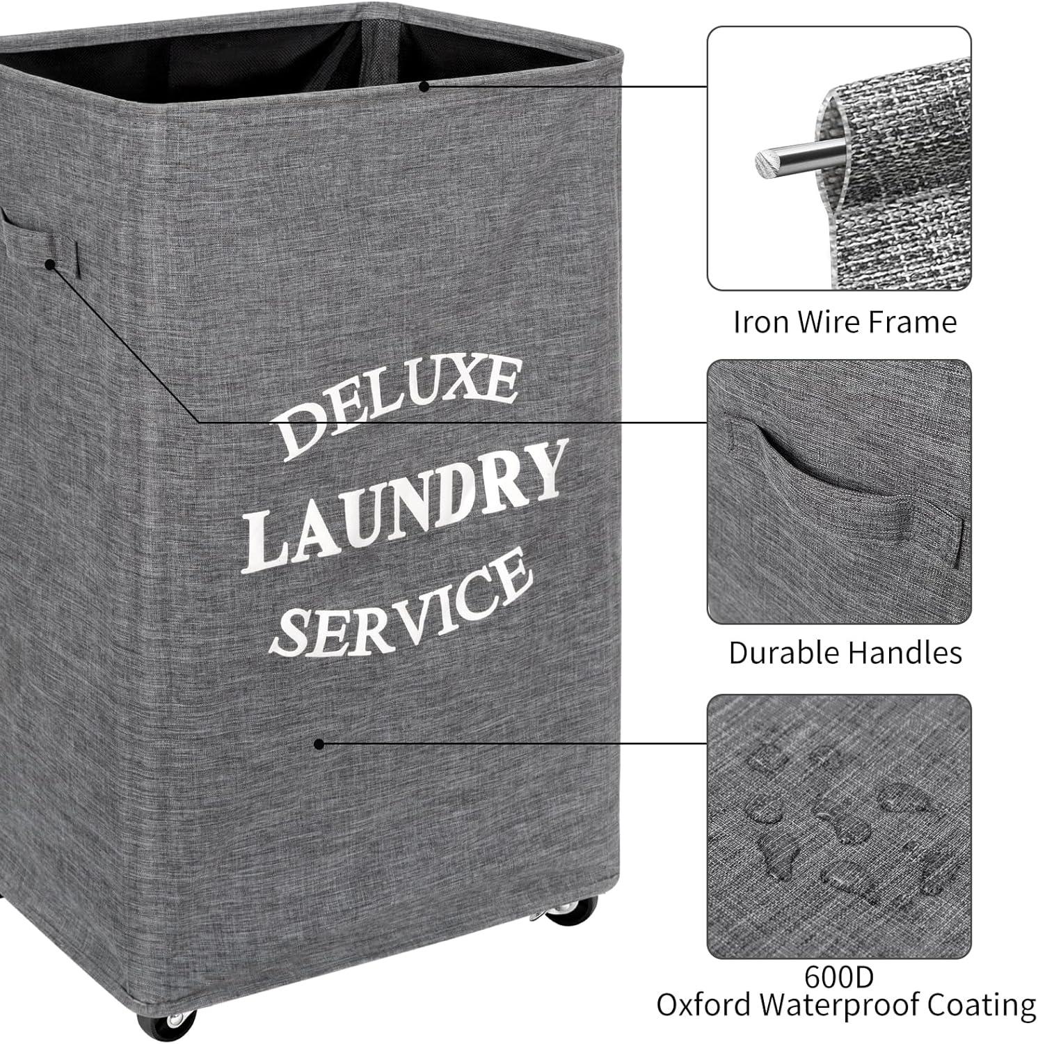 WOWLIVE Large Rolling Laundry Basket Wheels 90L Collapsible Tall Laundry Hamper Handle Foldable Dirty Clothing Basket Fold up Rectangular Hampers for Laundry Dorm Room (Grey2)