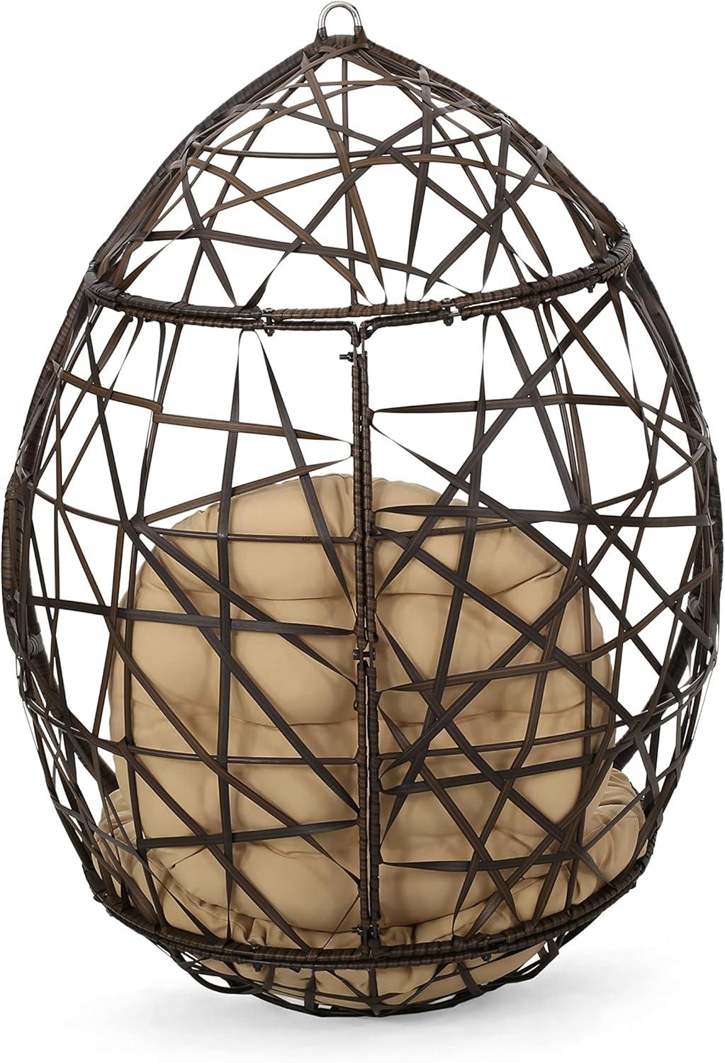 Cayuse Wicker Tear Drop Hanging Chair - Brown/Tan - Christopher Knight Home: Outdoor Patio Swing with Cushion