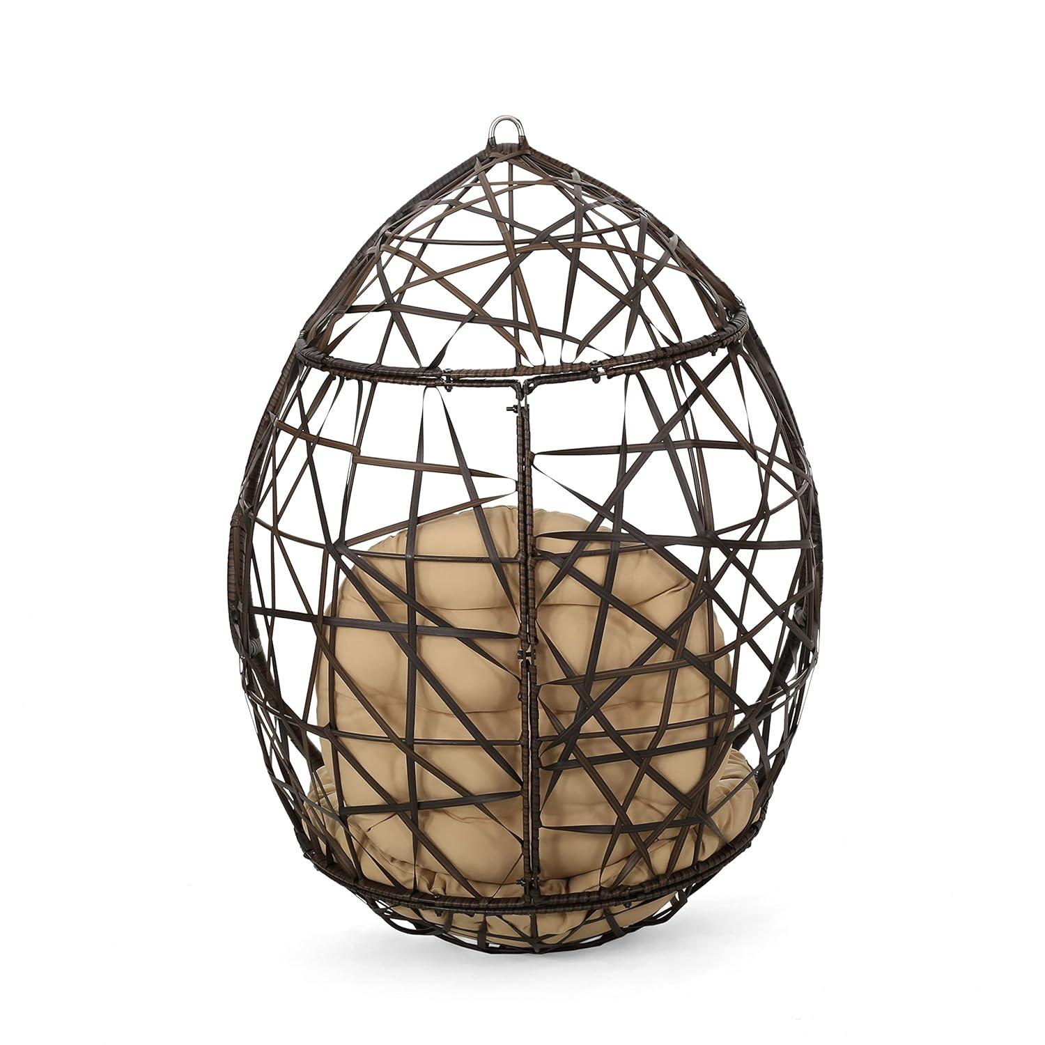 Cayuse Wicker Tear Drop Hanging Chair - Brown/Tan - Christopher Knight Home: Outdoor Patio Swing with Cushion