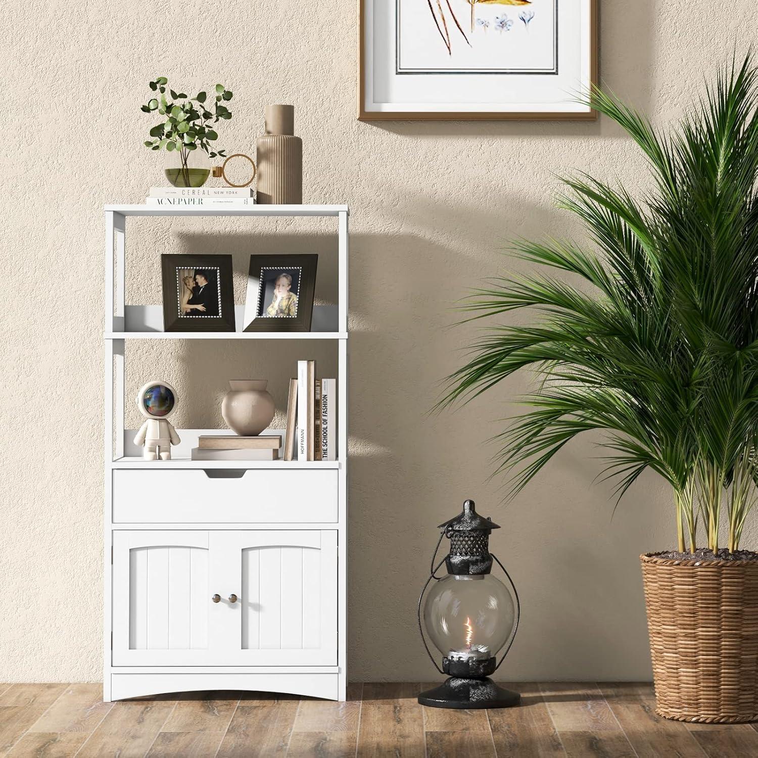 White MDF Floor Cabinet with Shelves and Drawer